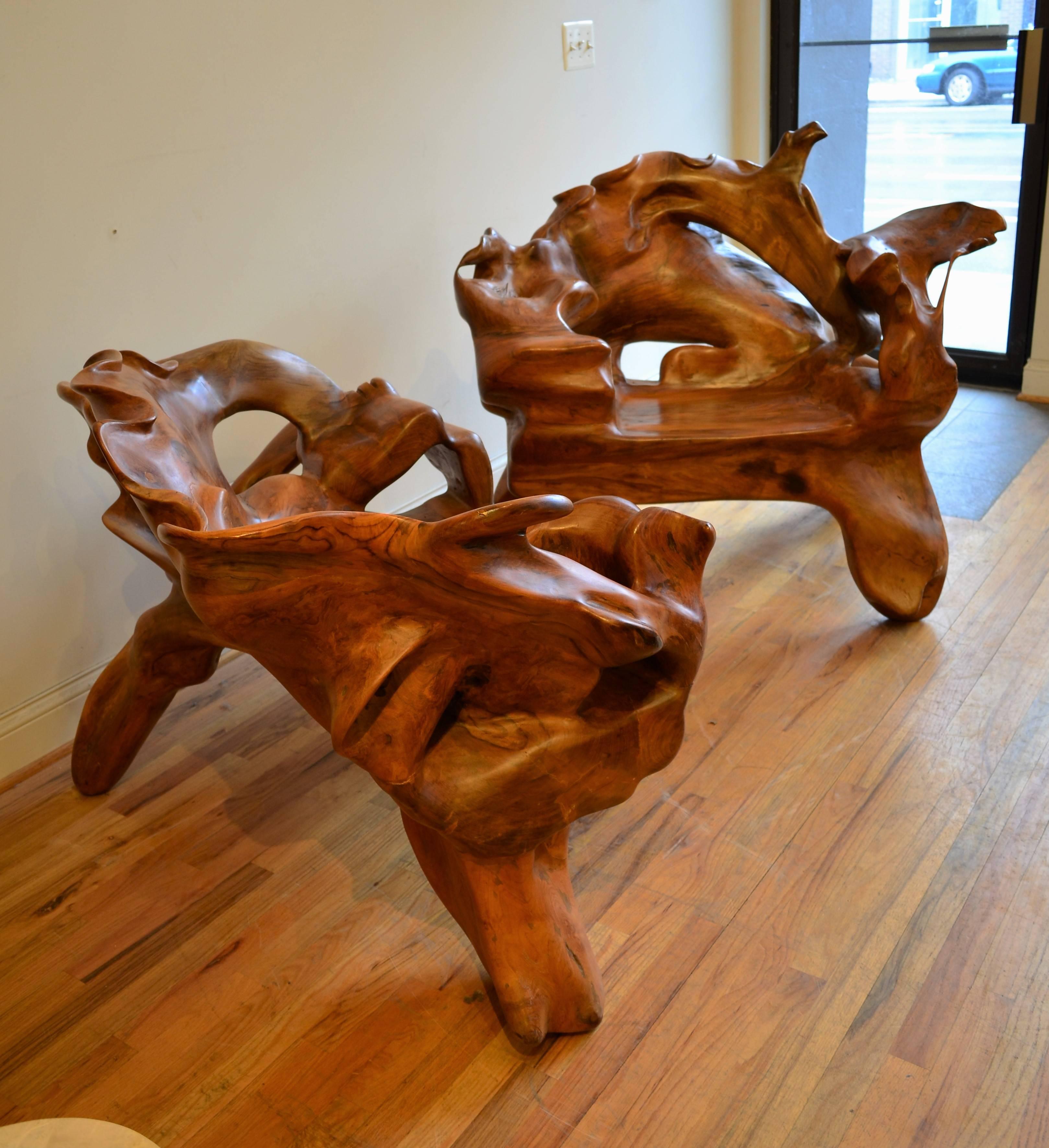 Late 20th Century Pair of Monumental Burl Wood Organic Lounge Chairs