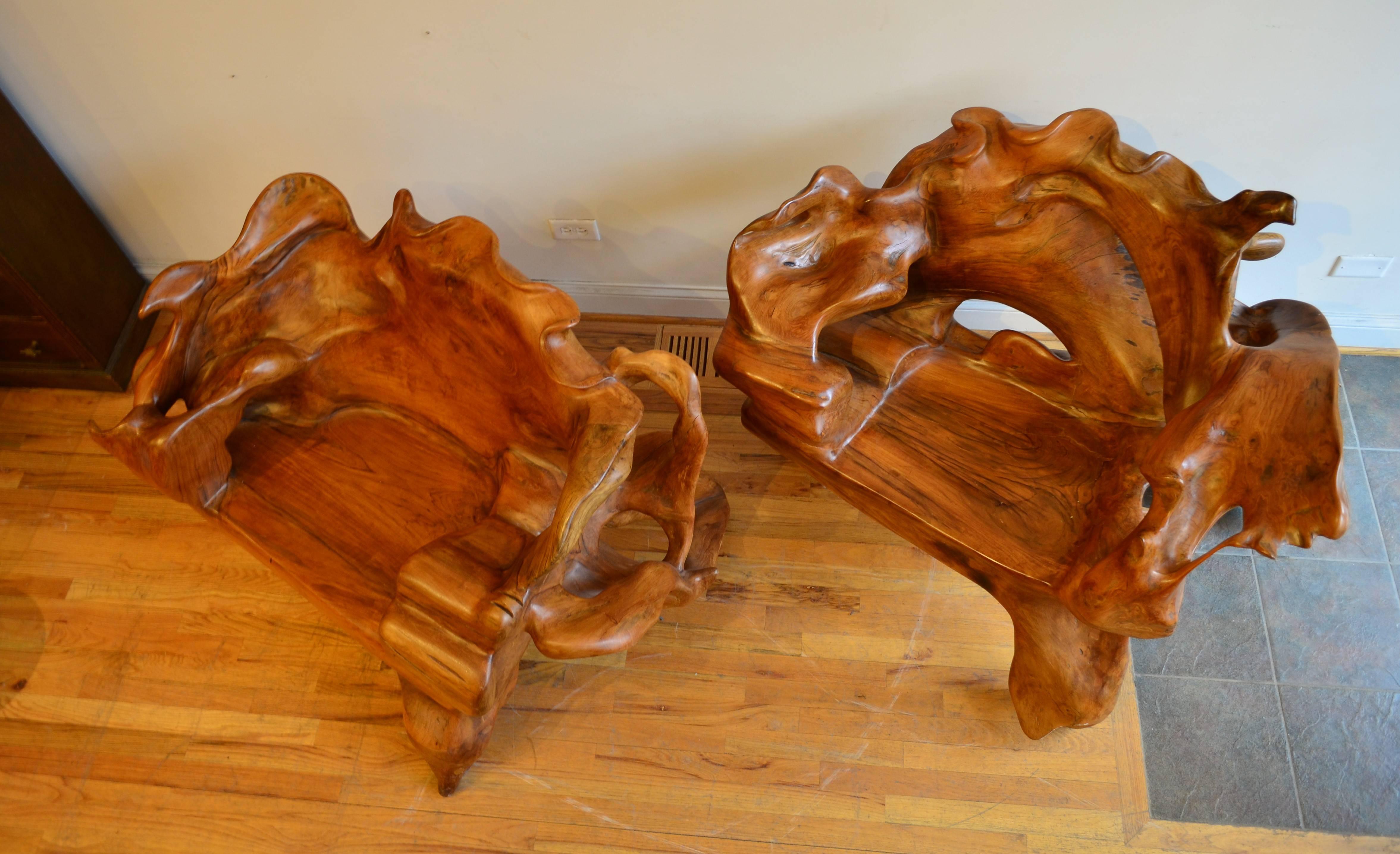 Pair of Monumental Burl Wood Organic Lounge Chairs 1