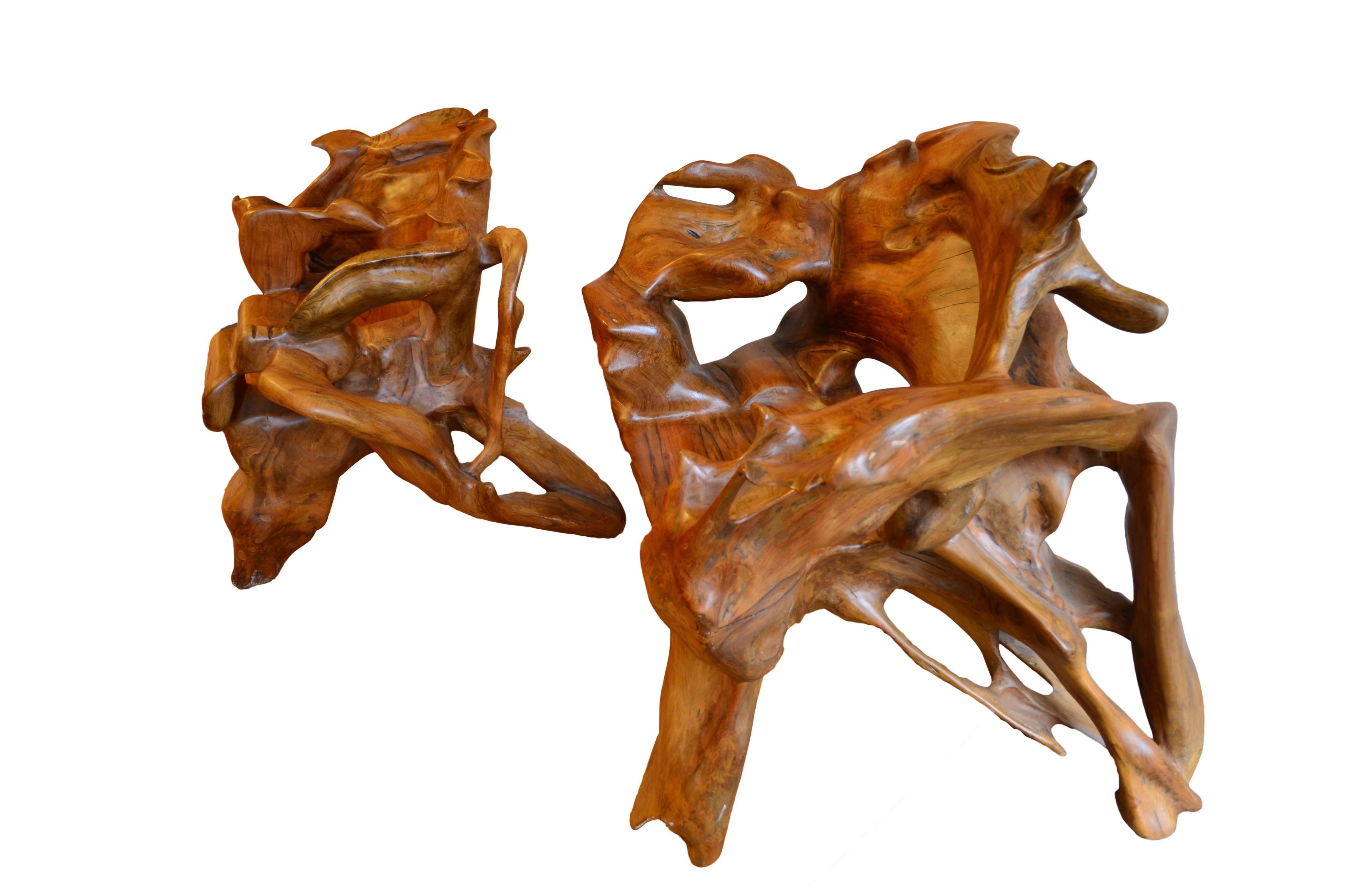 Pair of Monumental Burl Wood Organic Lounge Chairs 2