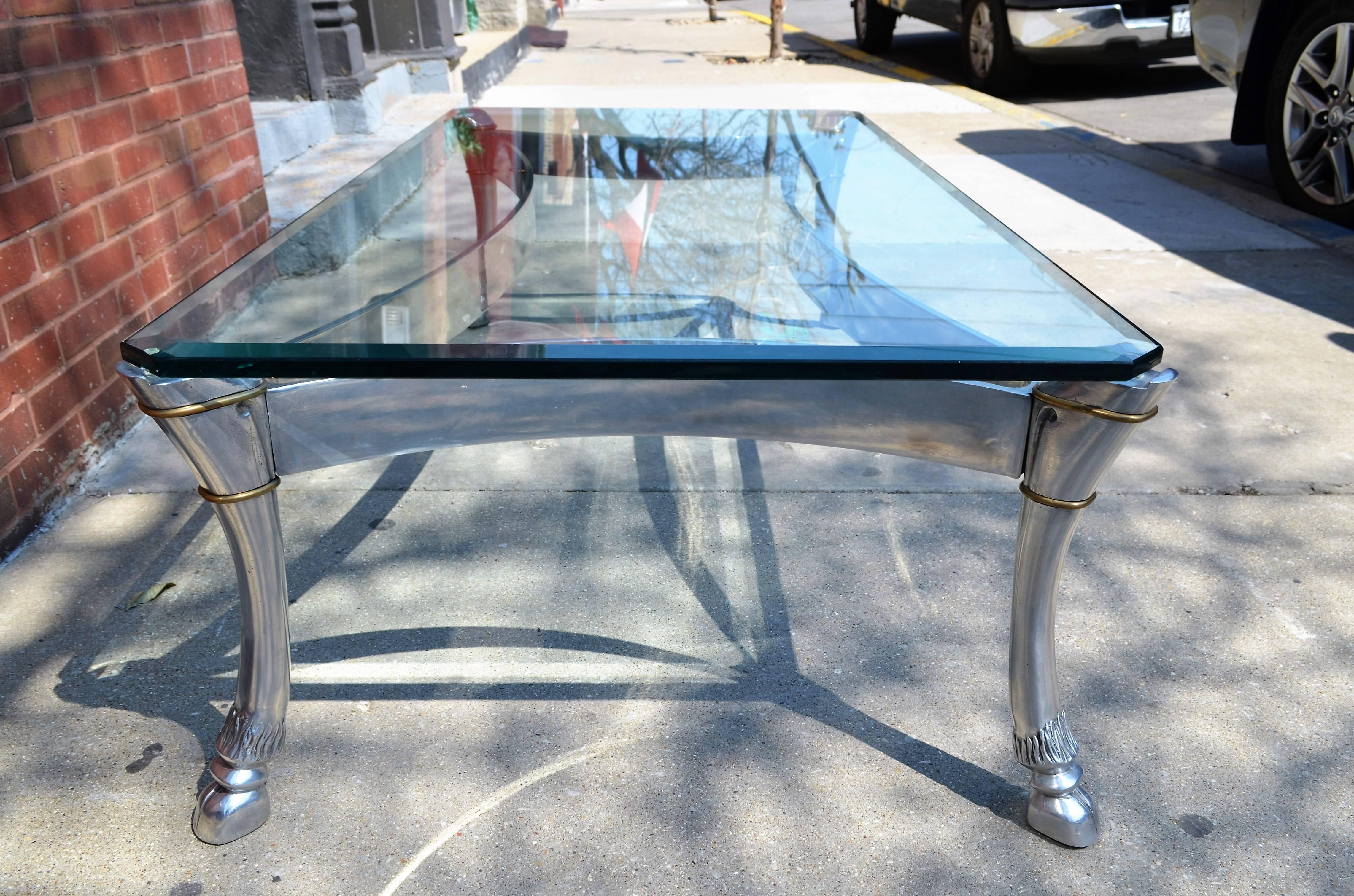 Monumental Steel and Glass Coffee Table with Large Hoofed  Legs In Good Condition For Sale In Chicago, IL