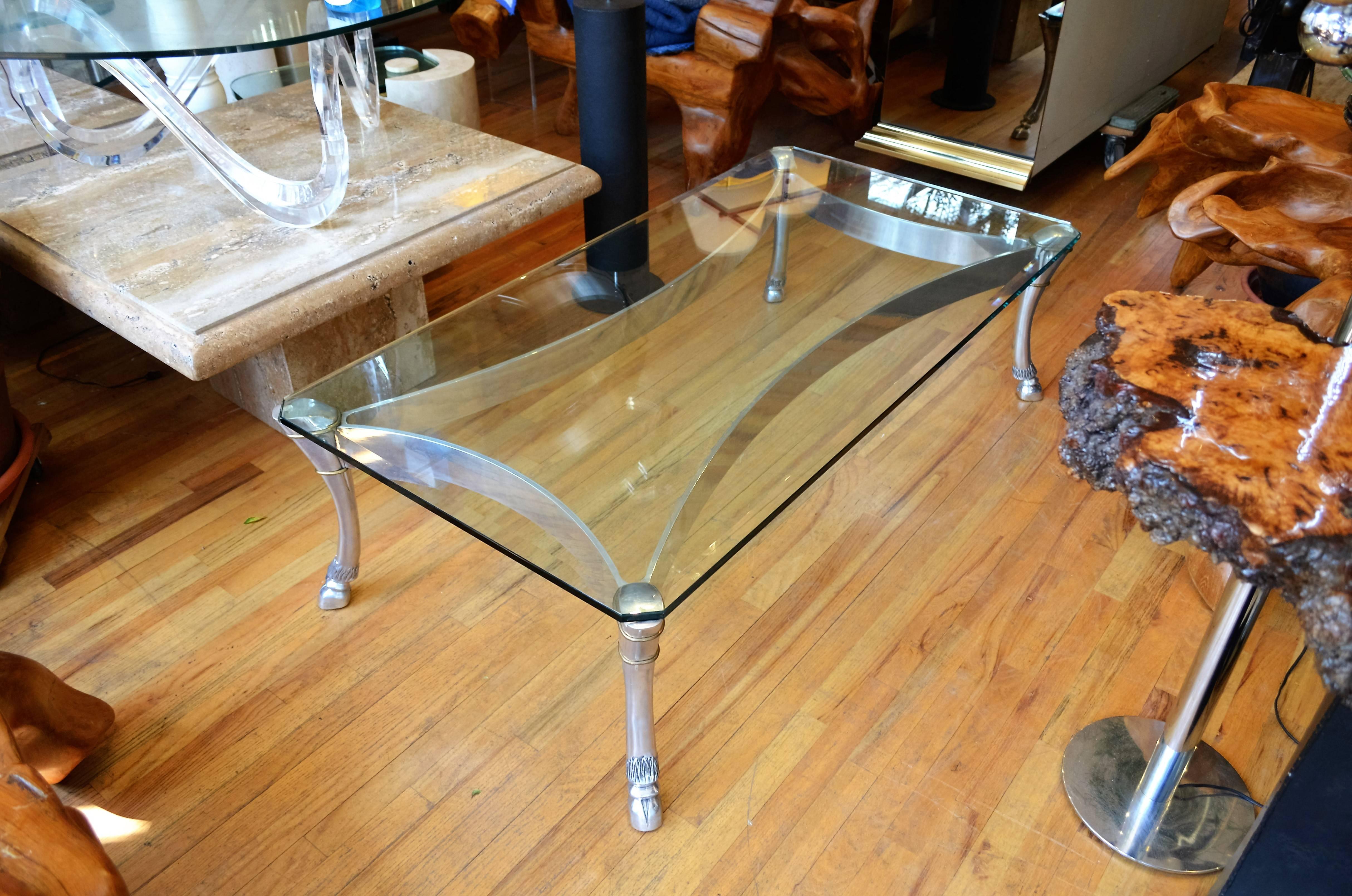 Monumental Steel and Glass Coffee Table with Large Hoofed  Legs For Sale 1