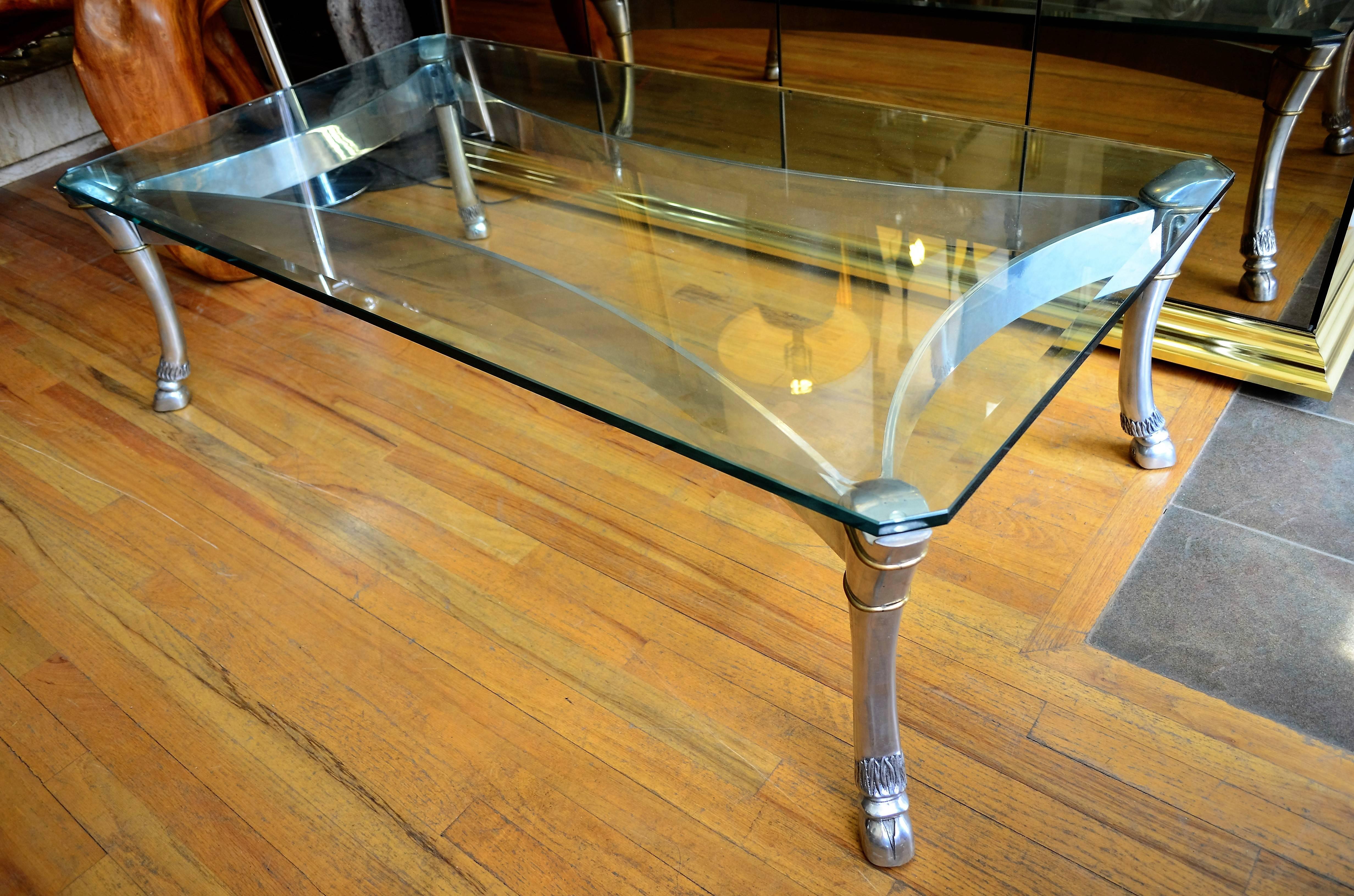 Monumental Steel and Glass Coffee Table with Large Hoofed  Legs For Sale 2