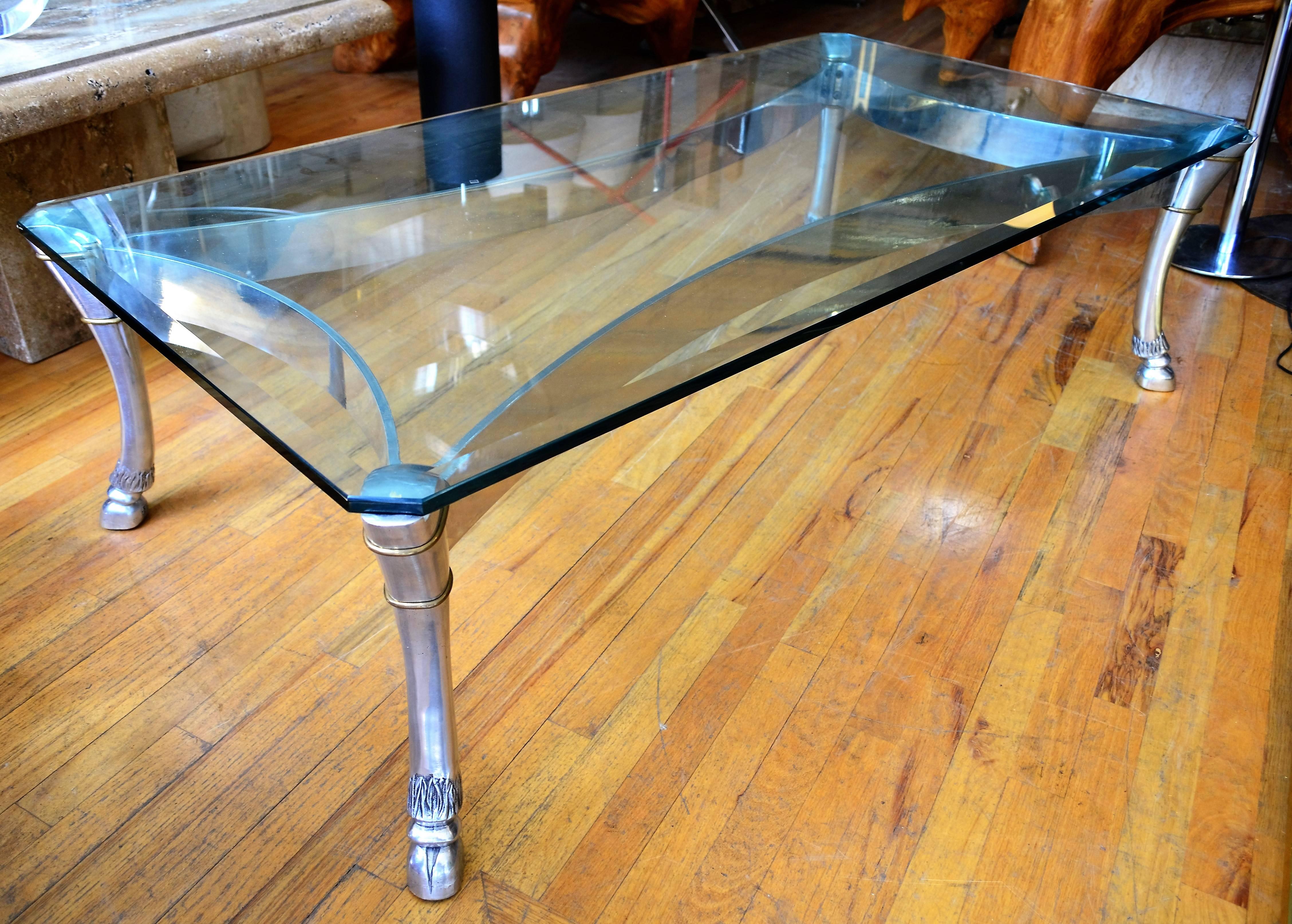 Monumental Steel and Glass Coffee Table with Large Hoofed  Legs For Sale 3