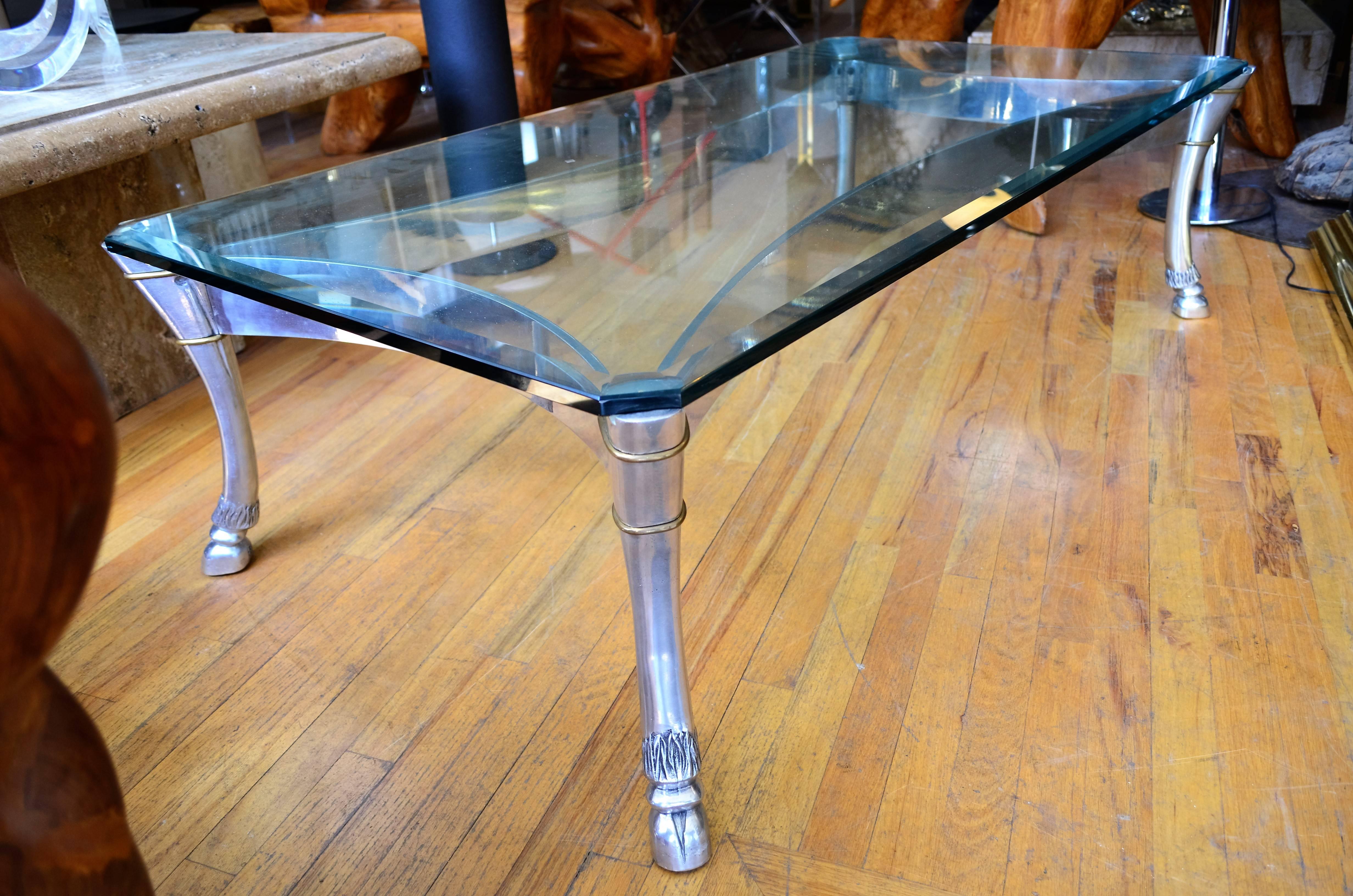 American Monumental Steel and Glass Coffee Table with Large Hoofed  Legs For Sale