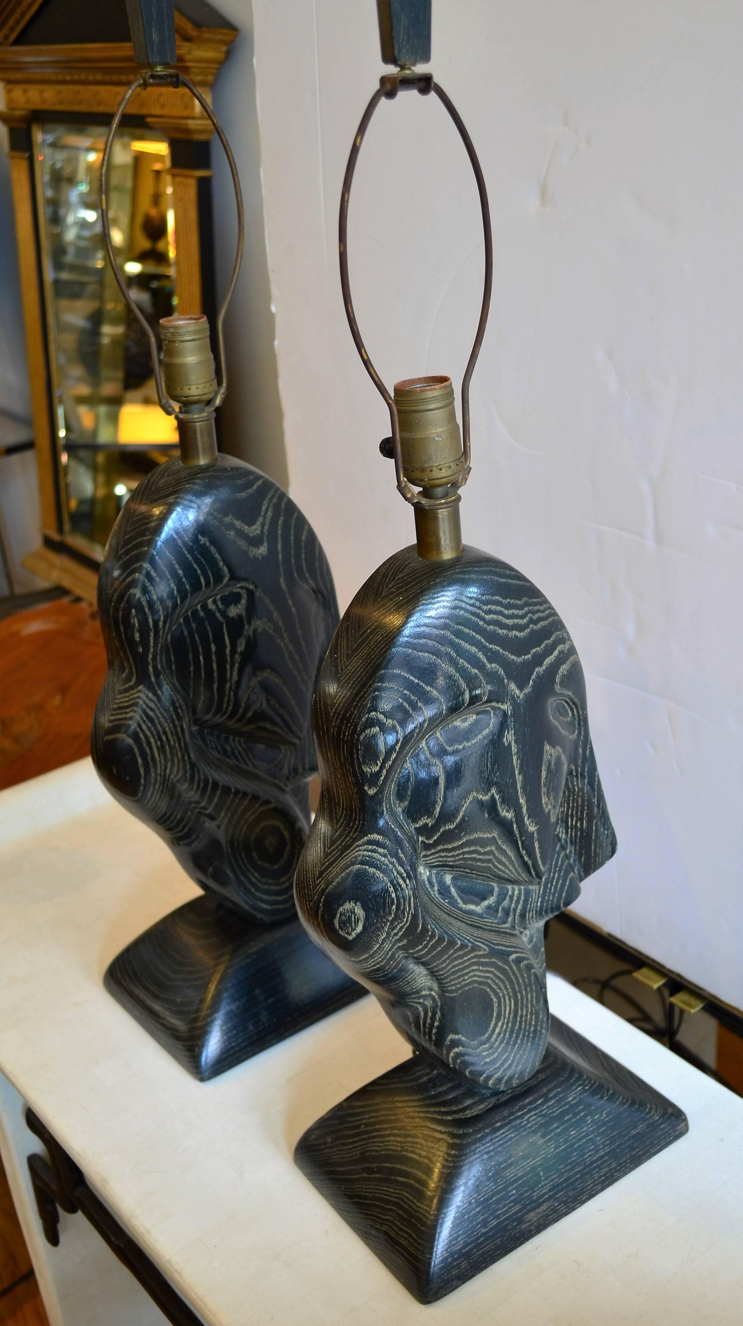 Pair of Yasha Heifetz cerused wood lamps.
A pair of Mid-Century sculptural cubist cerused carved wood lamps.
These are an exceptional pair of lamps with visual interest
from all angles. The cerused wood accentuates the lamps rich
grain patterns.