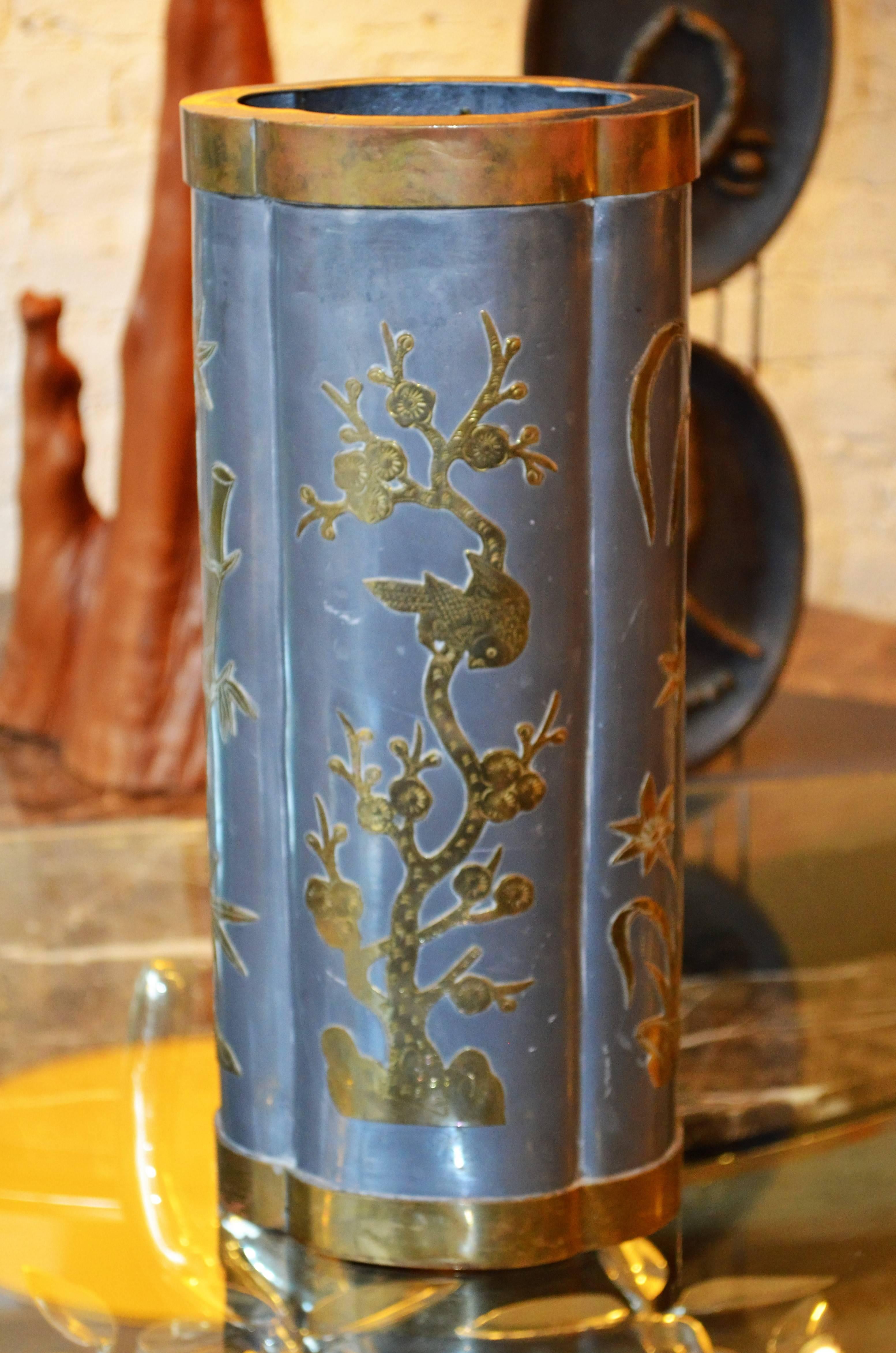 Chinese Export Mid-Century Chinese Pewter and Brass Tall Vase