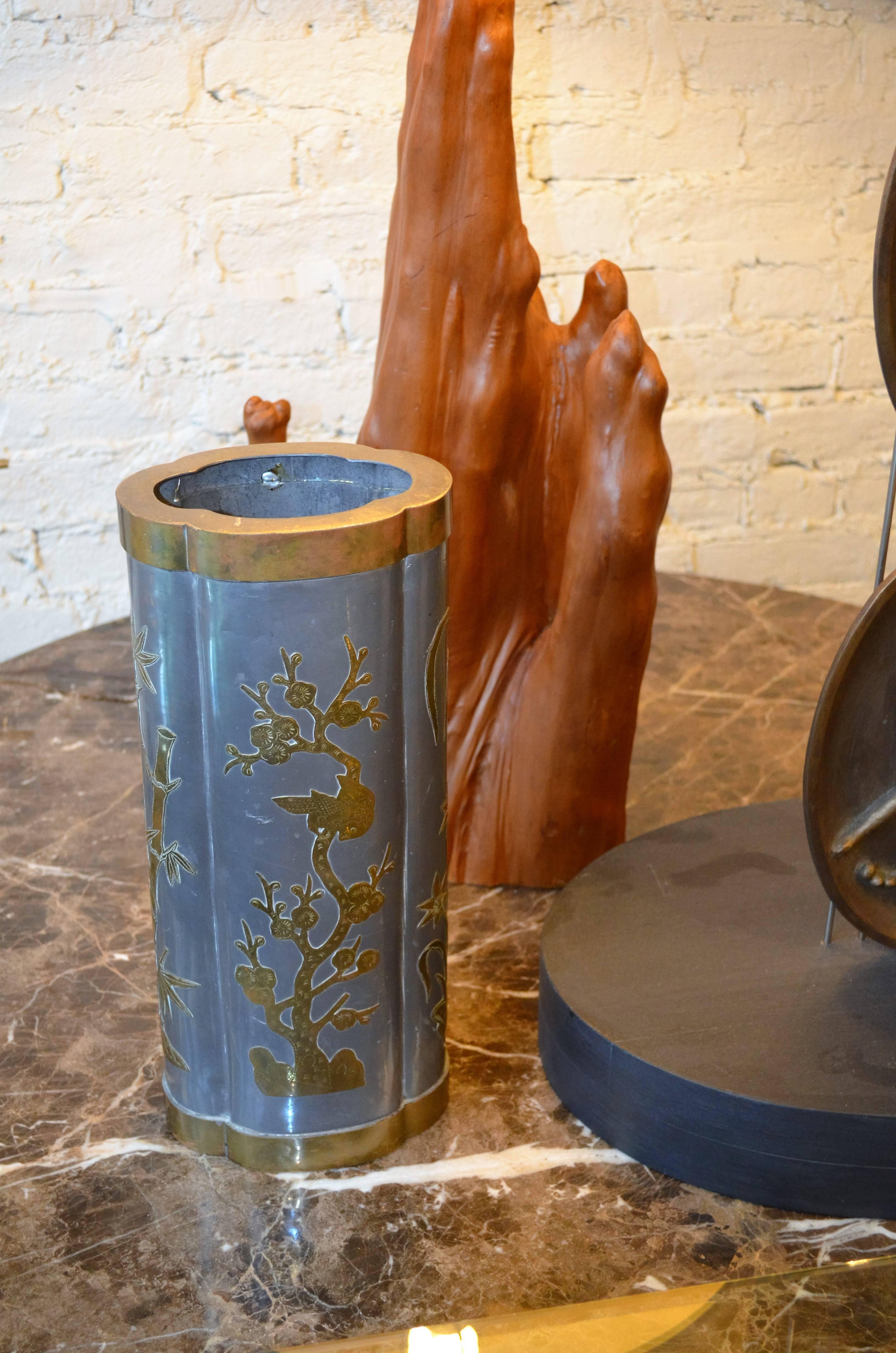 Hong Kong Mid-Century Chinese Pewter and Brass Tall Vase