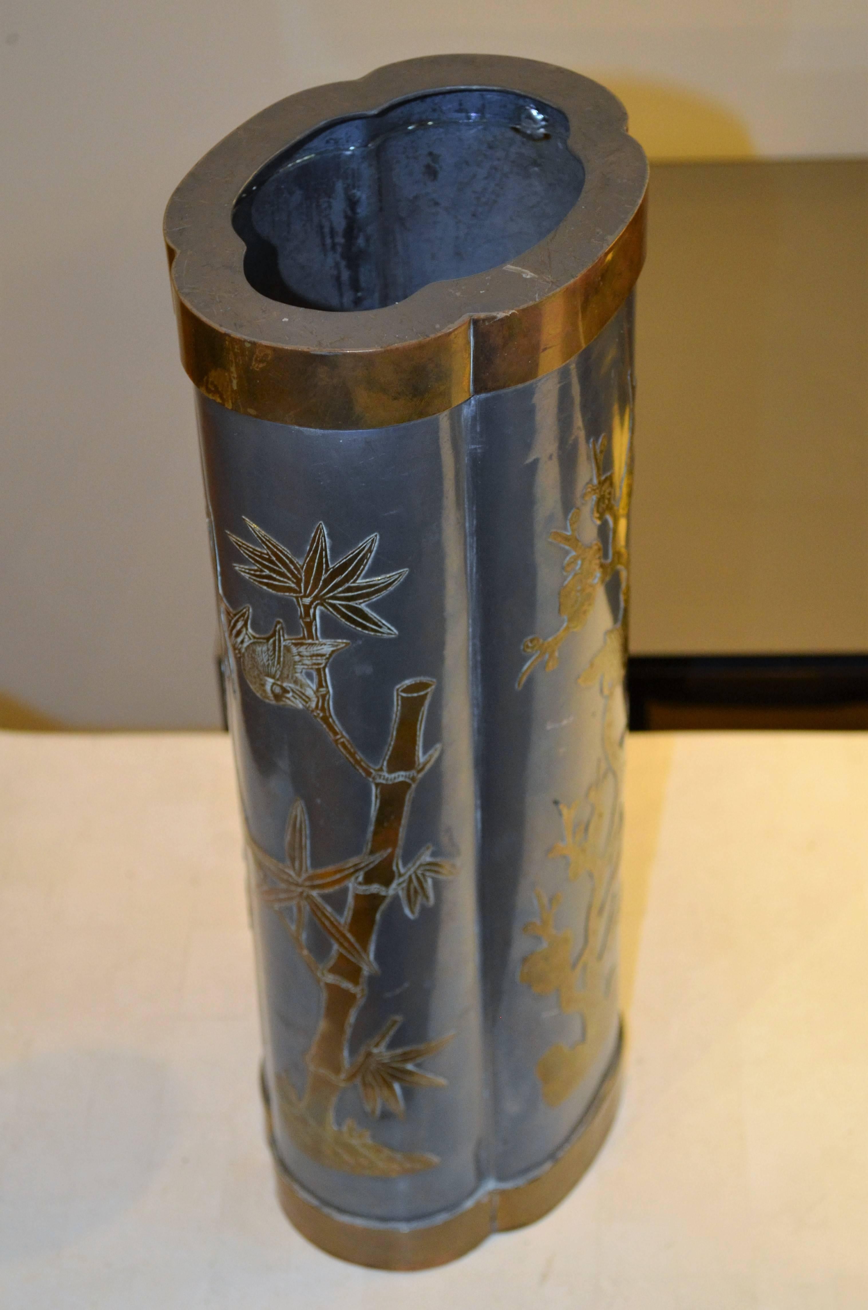 Mid-Century Chinese Pewter and Brass Tall Vase In Good Condition In Chicago, IL
