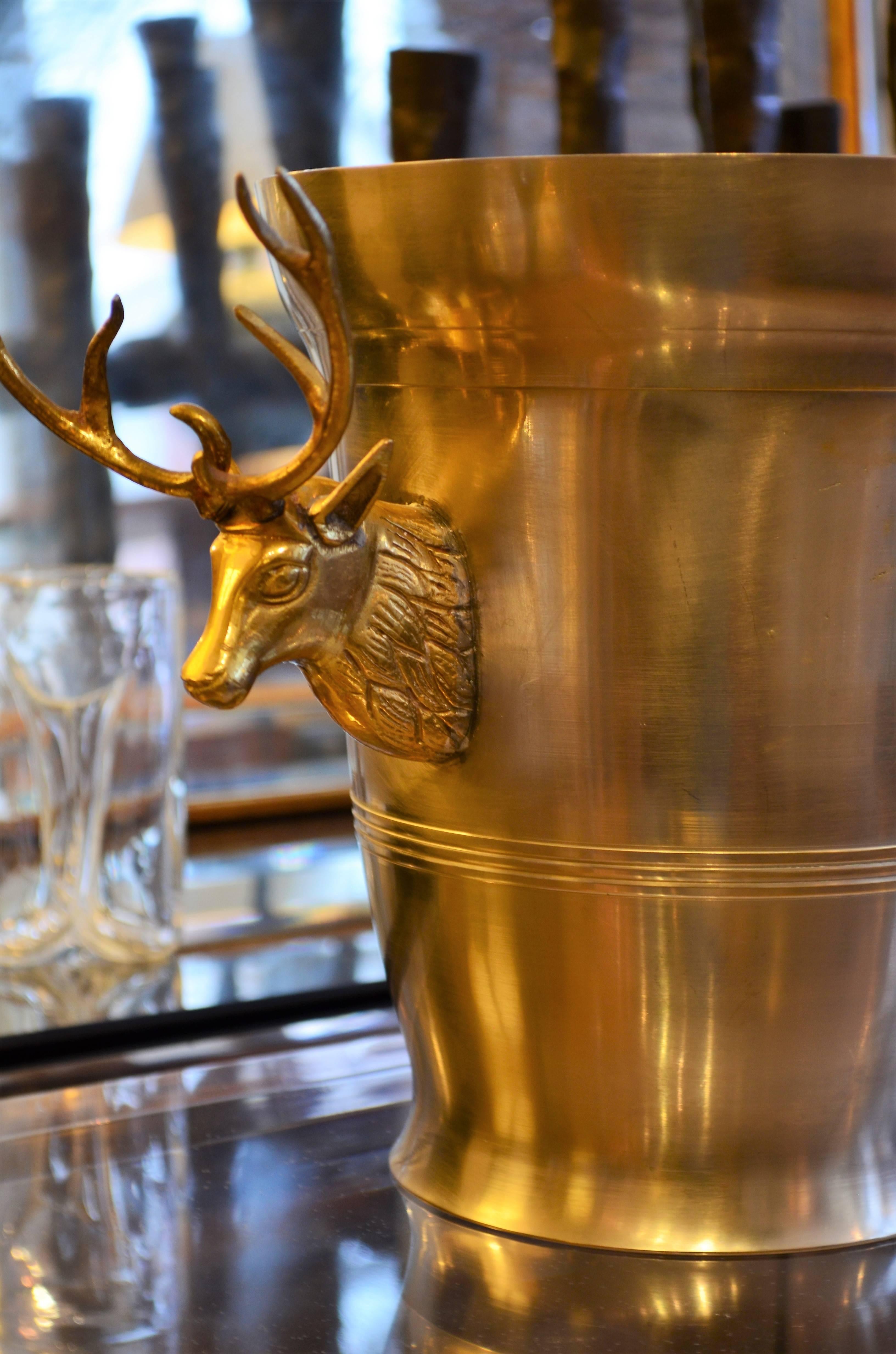 Mid-Century Modern Pewter Ice Bucket with Brass Stag Head Side Mounts