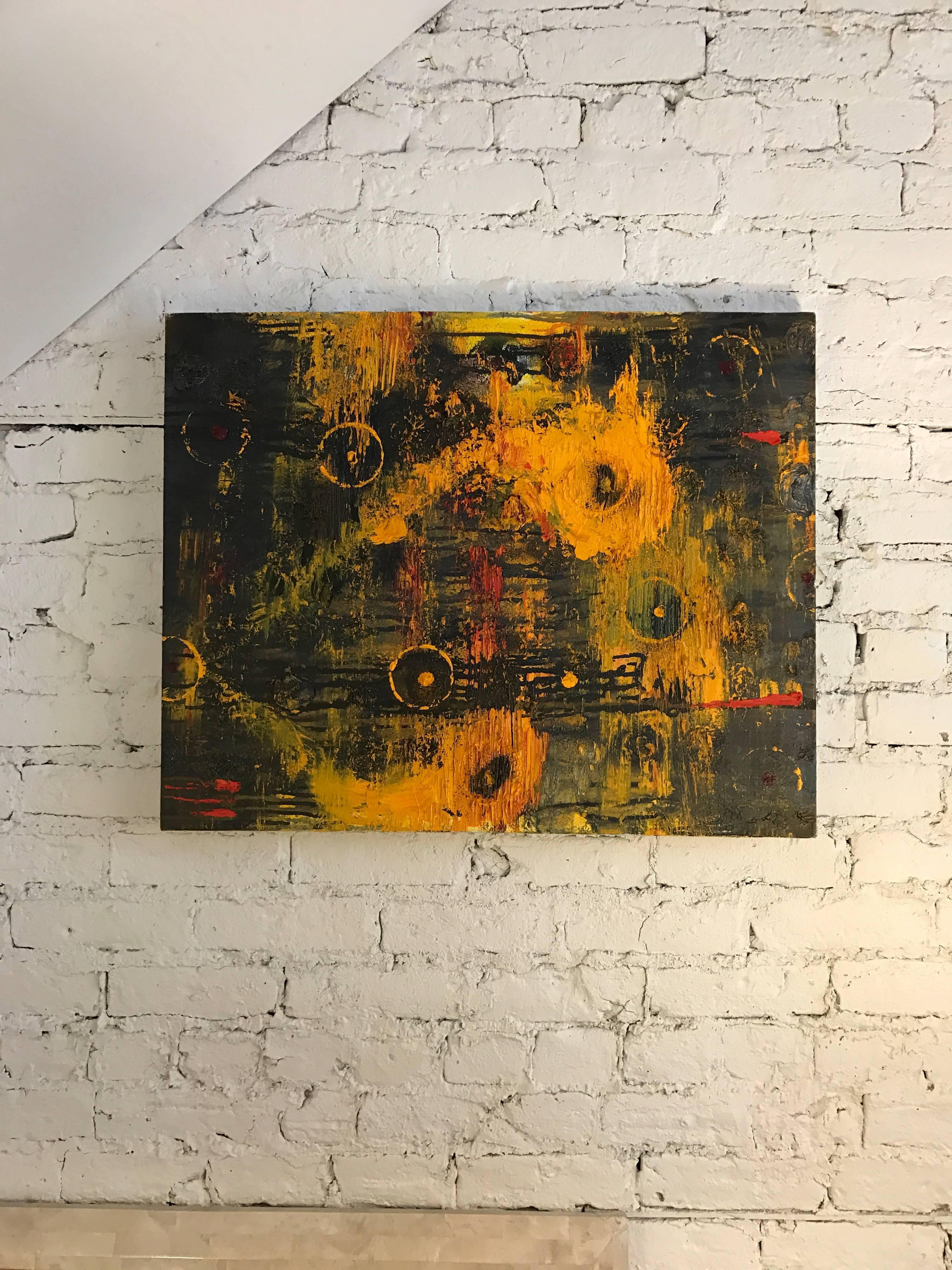 A dynamic modern abstract multicolored painting in heavily textured oils by Chicago artist Jay Miller. This powerful work would complement a modern or Classic interior.