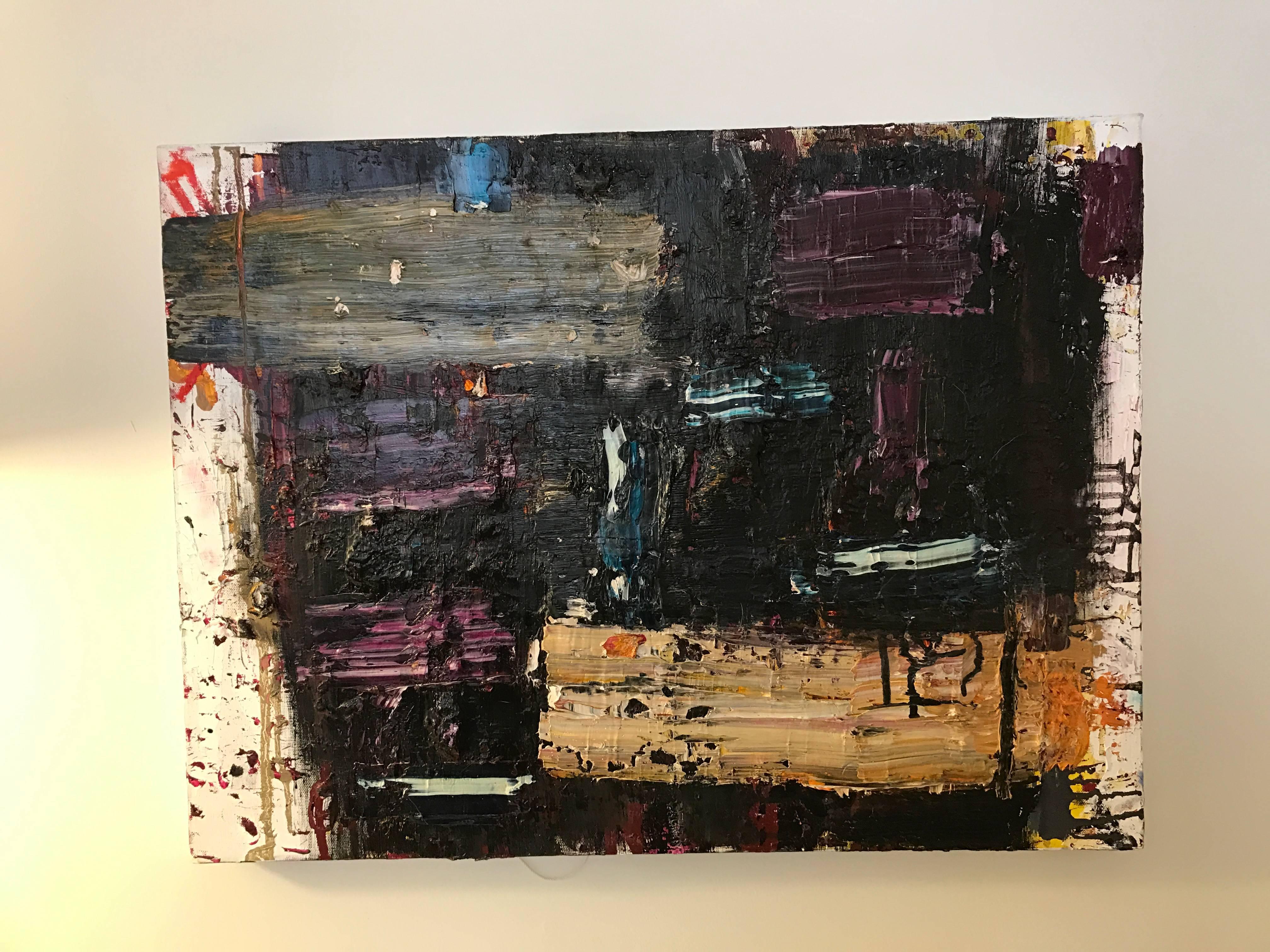 A modern dynamic multicolored painting in heavily textured oils by Chicago artist Jay Miller. This powerful work would complement a modern or classic interior.