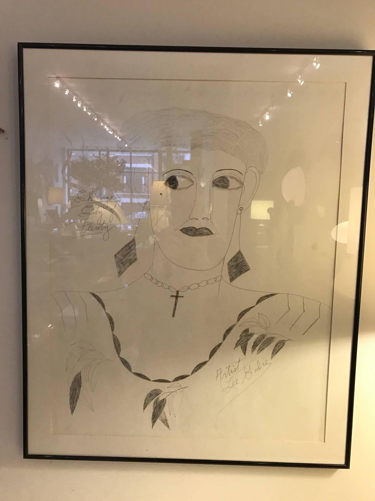 Lee Godie Outsider Art Ink Portrait  In Good Condition In Chicago, IL