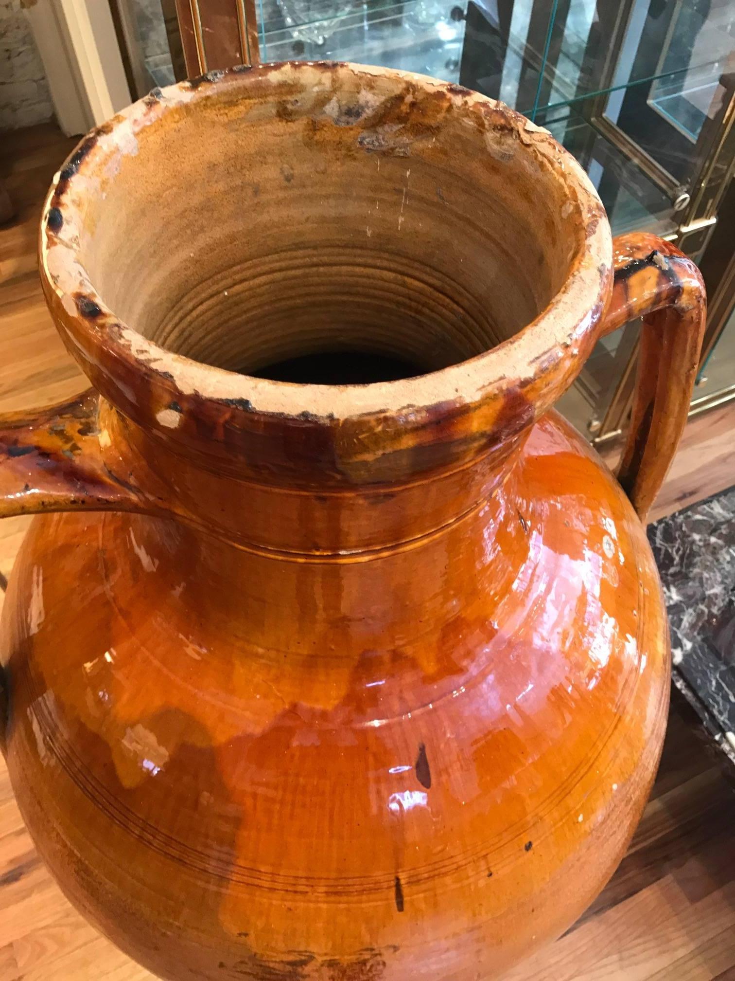 Late Victorian Monumental Glazed Terra Cotta Italian Amphora Form Olive Oil Vessel
