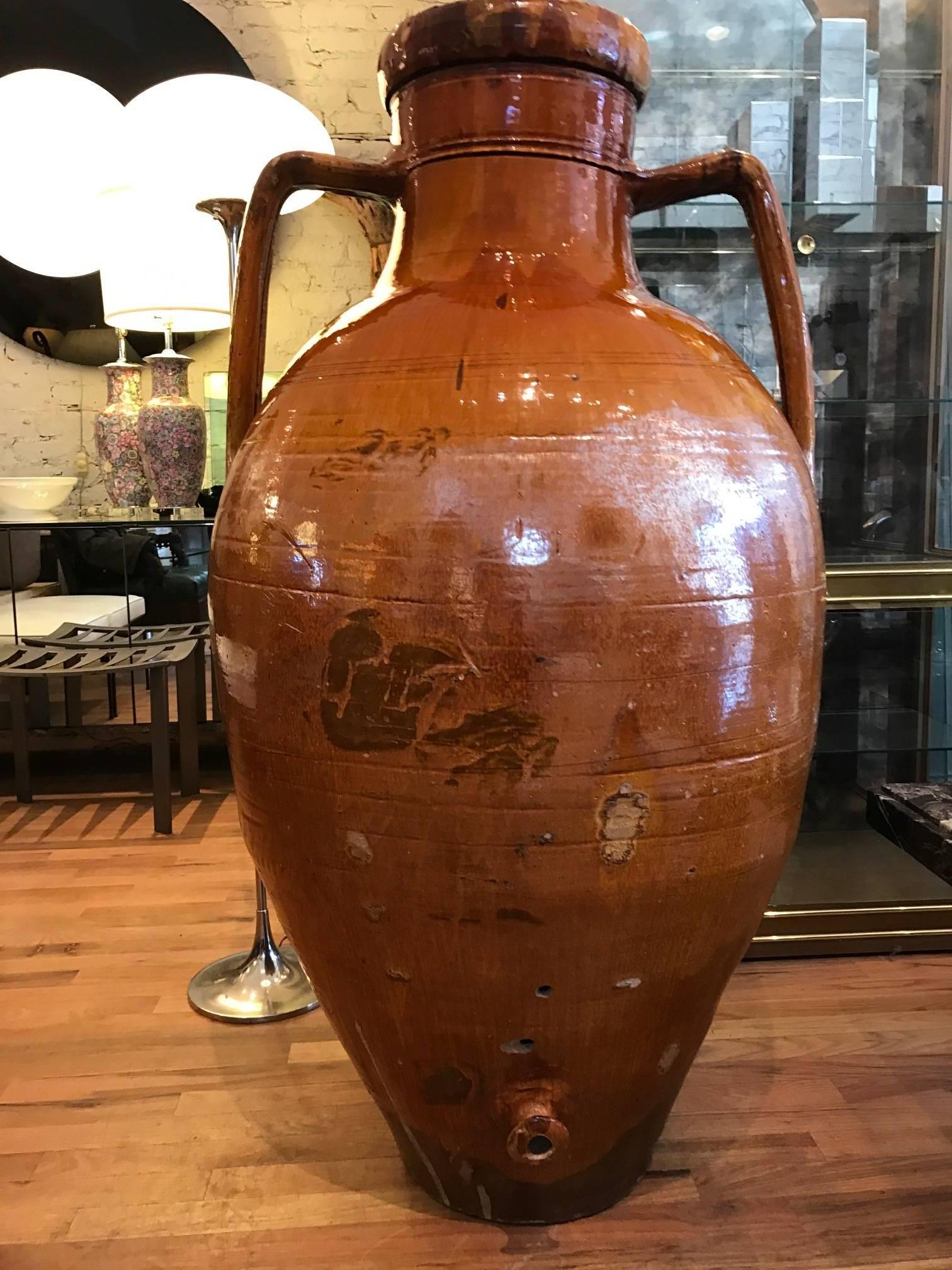 Monumental Glazed Terra Cotta Italian Amphora Form Olive Oil Vessel In Good Condition In Chicago, IL