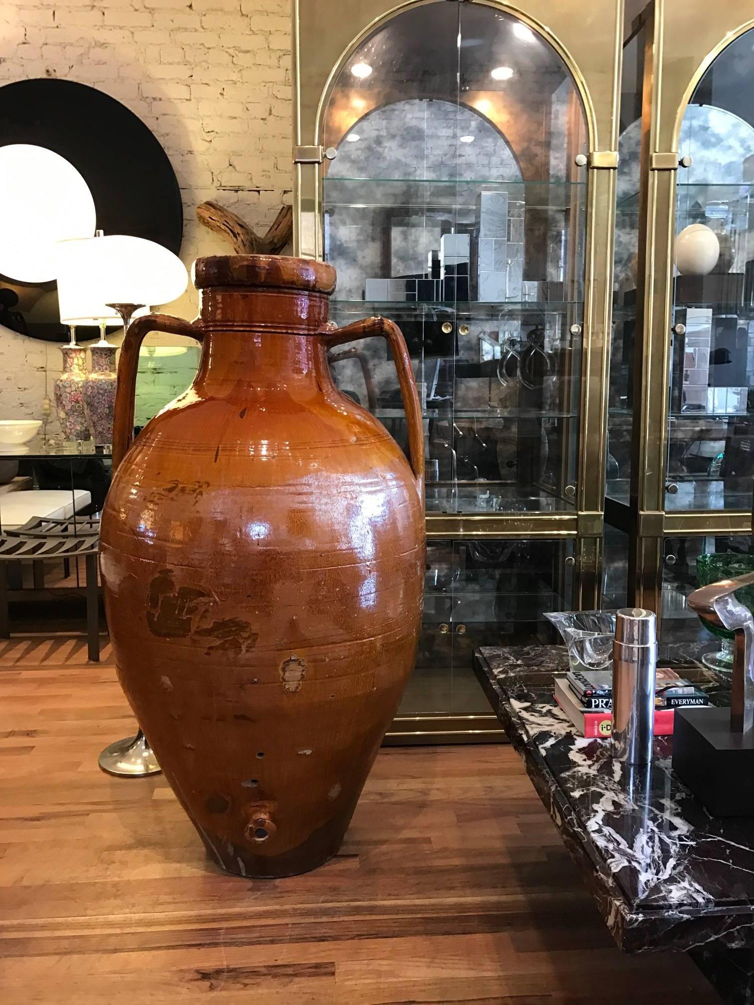 19th Century Monumental Glazed Terra Cotta Italian Amphora Form Olive Oil Vessel