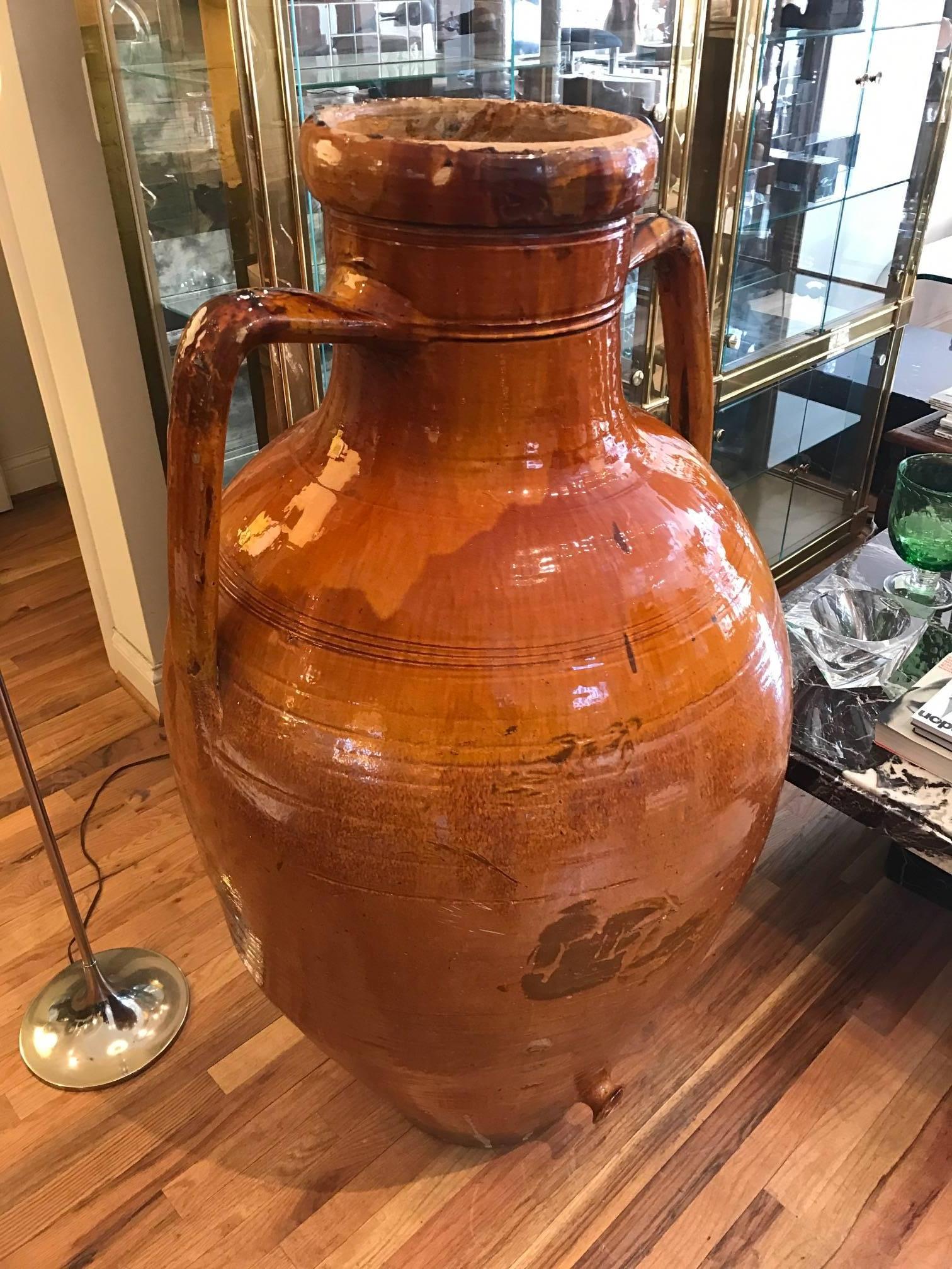 Ceramic Monumental Glazed Terra Cotta Italian Amphora Form Olive Oil Vessel