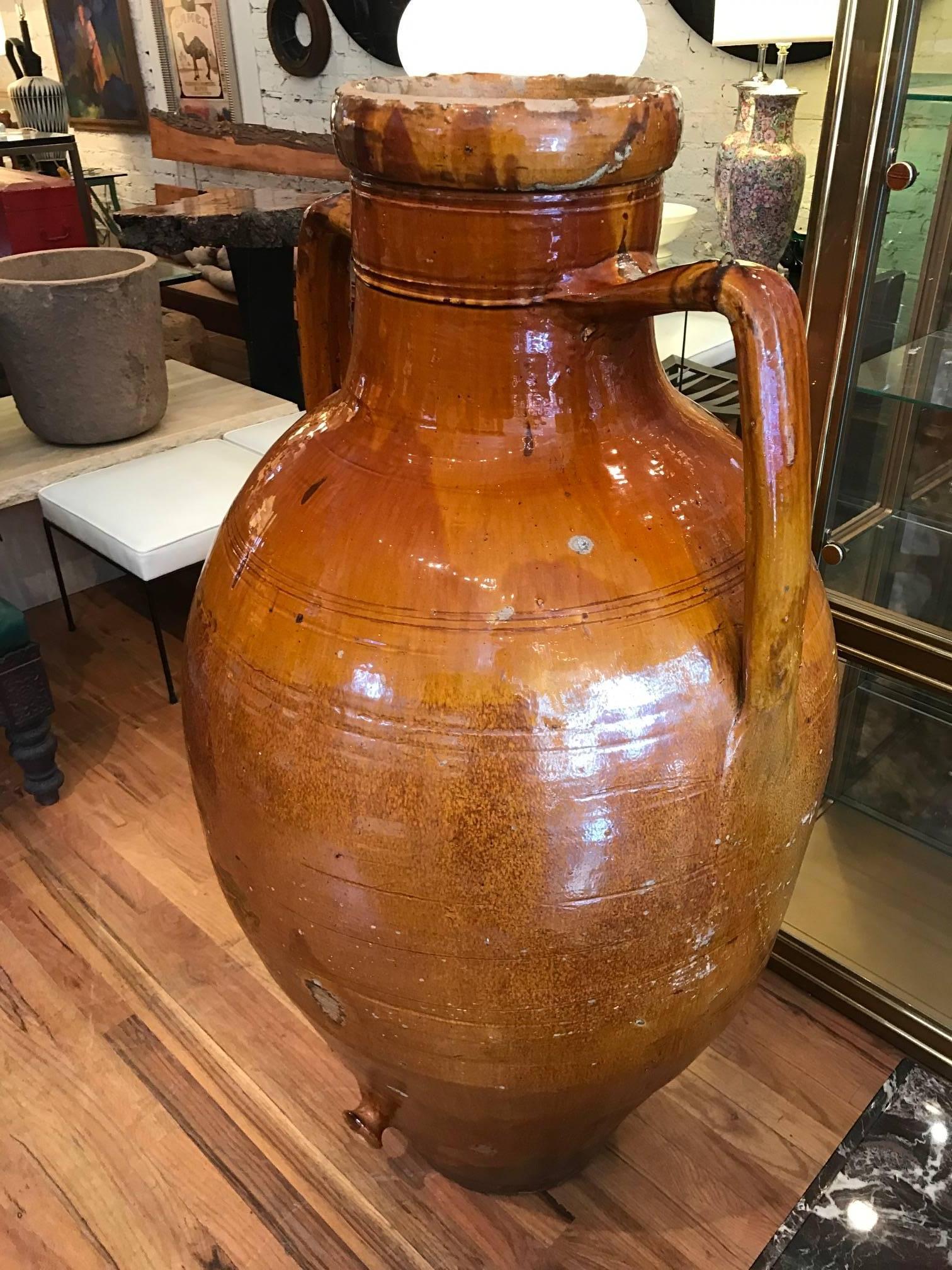 Monumental Glazed Terra Cotta Italian Amphora Form Olive Oil Vessel 1