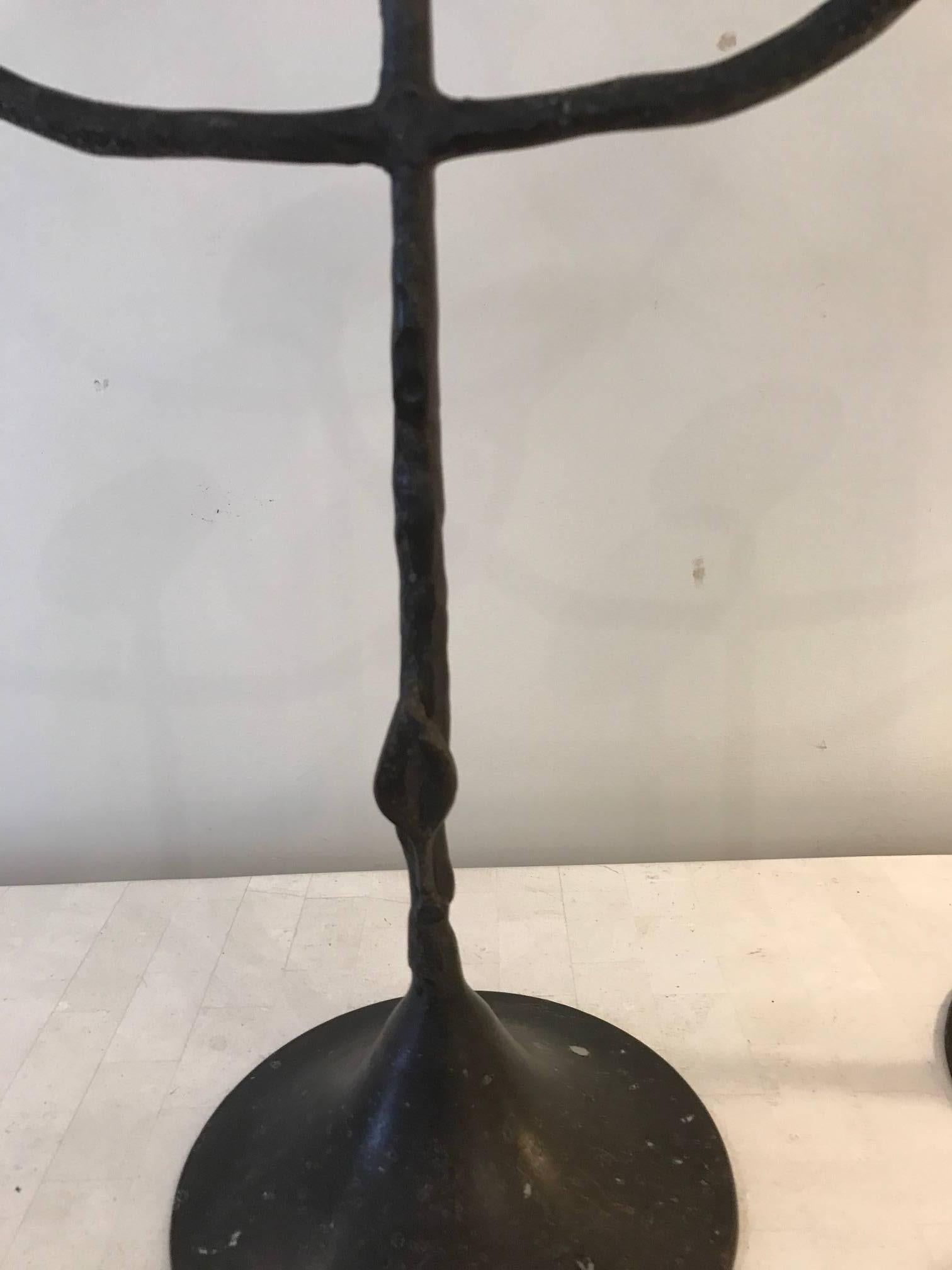 Mid-Century Modern Pair of Bronze Giacometti Style Hand Wrought Bronze Three-Arm Candleholders