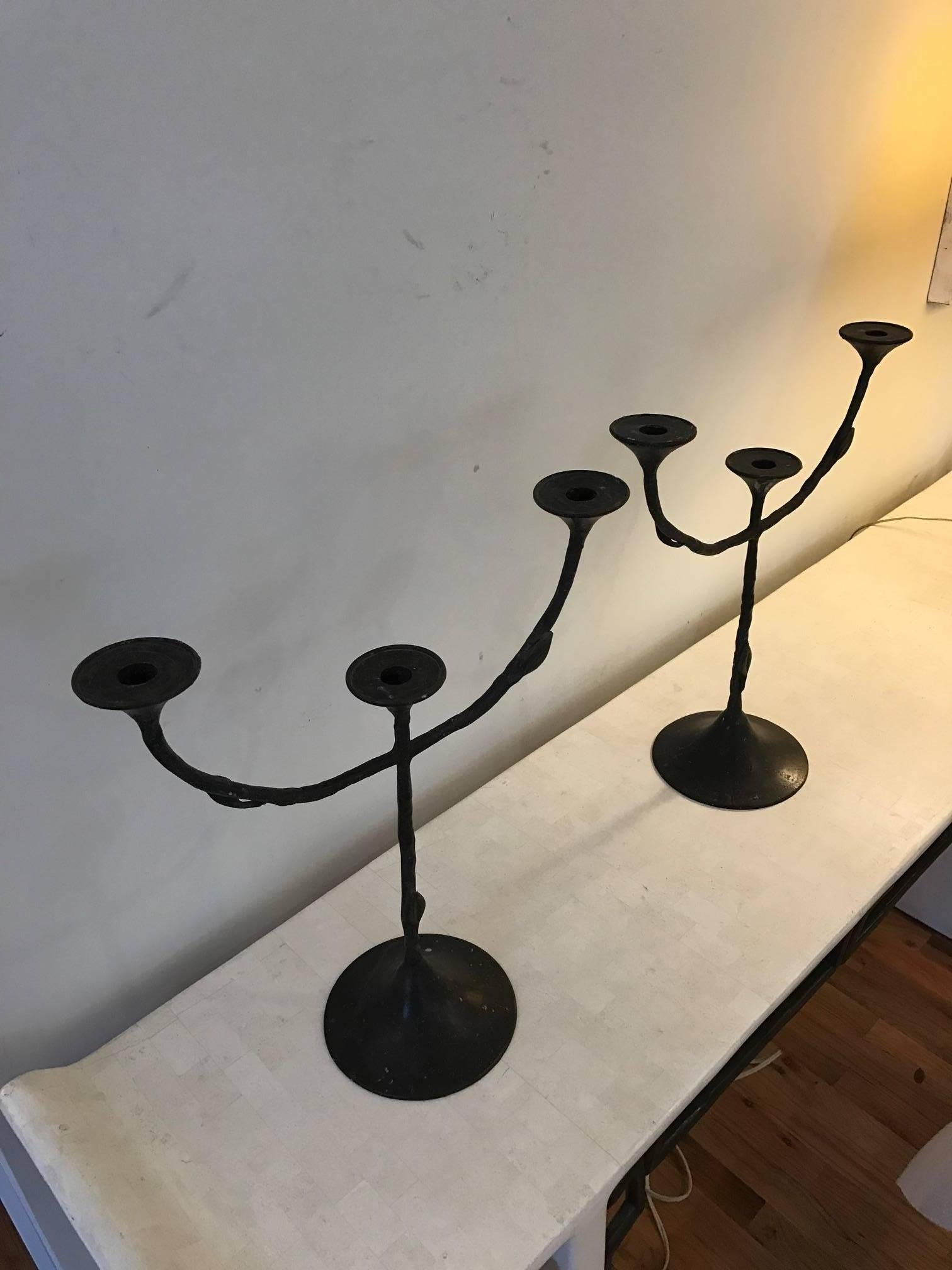 Pair of Bronze Giacometti Style Hand Wrought Bronze Three-Arm Candleholders In Good Condition In Chicago, IL