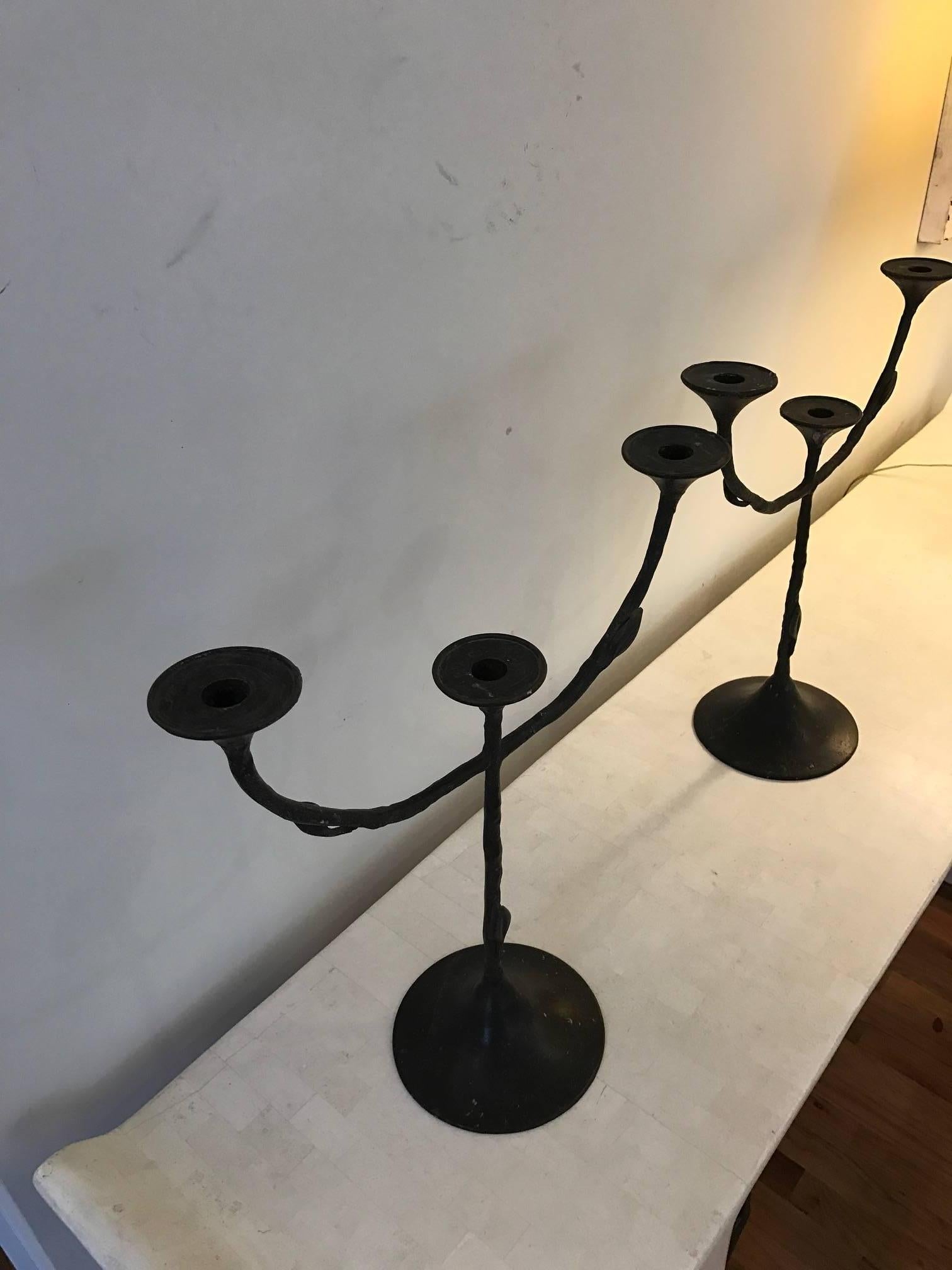Late 20th Century Pair of Bronze Giacometti Style Hand Wrought Bronze Three-Arm Candleholders