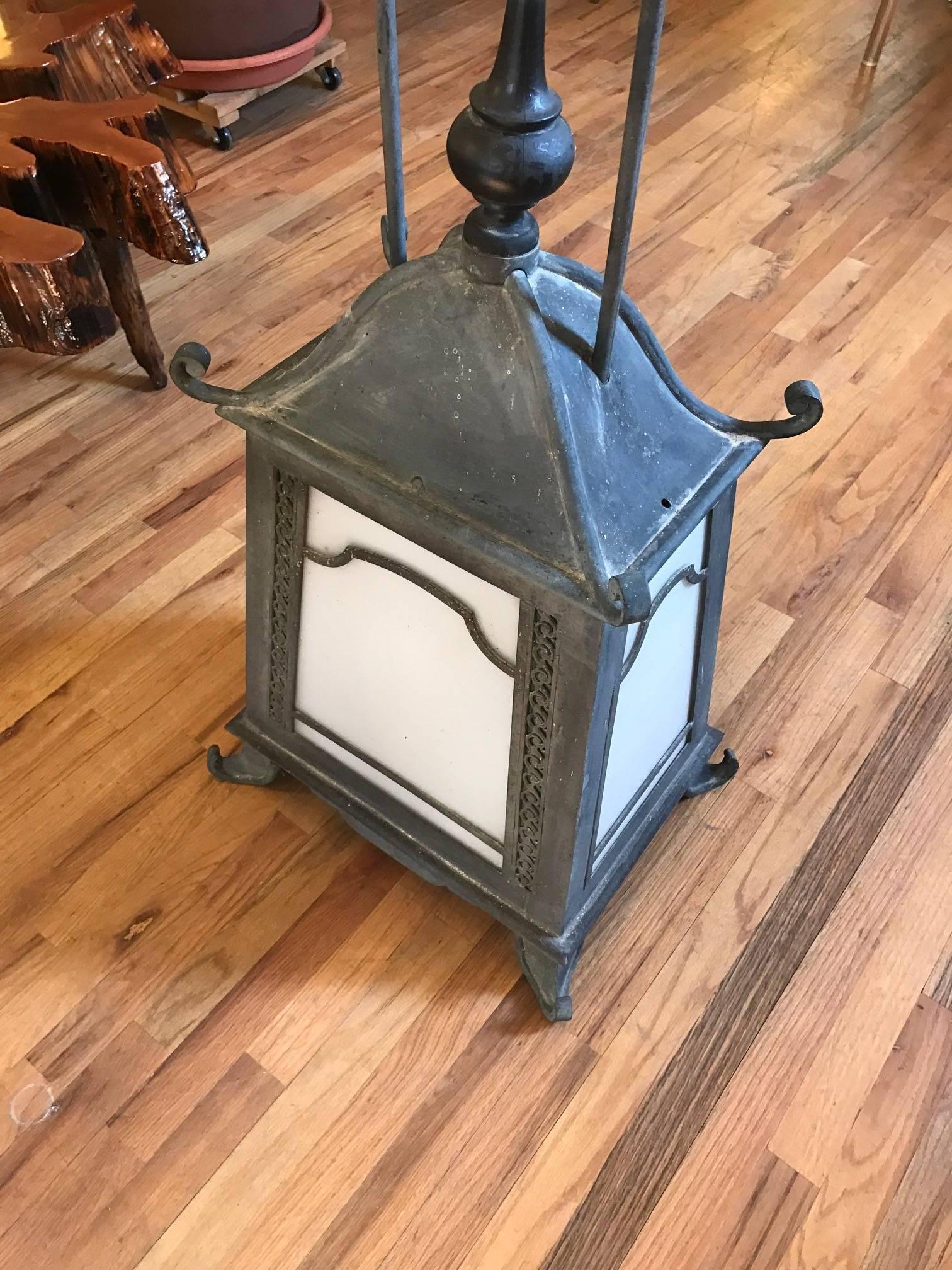 Chinoiserie Pagoda Style Hanging Copper Verdigris Lantern In Good Condition In Chicago, IL