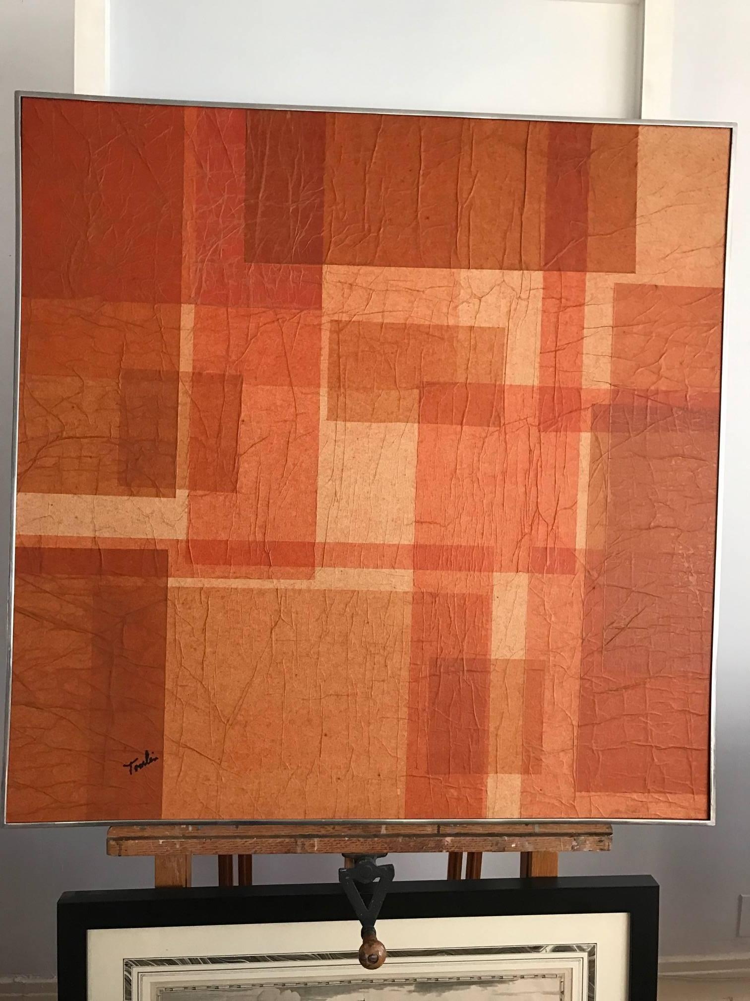 An orange abstract geometric Mid-Century painting. Signed Toomlin.