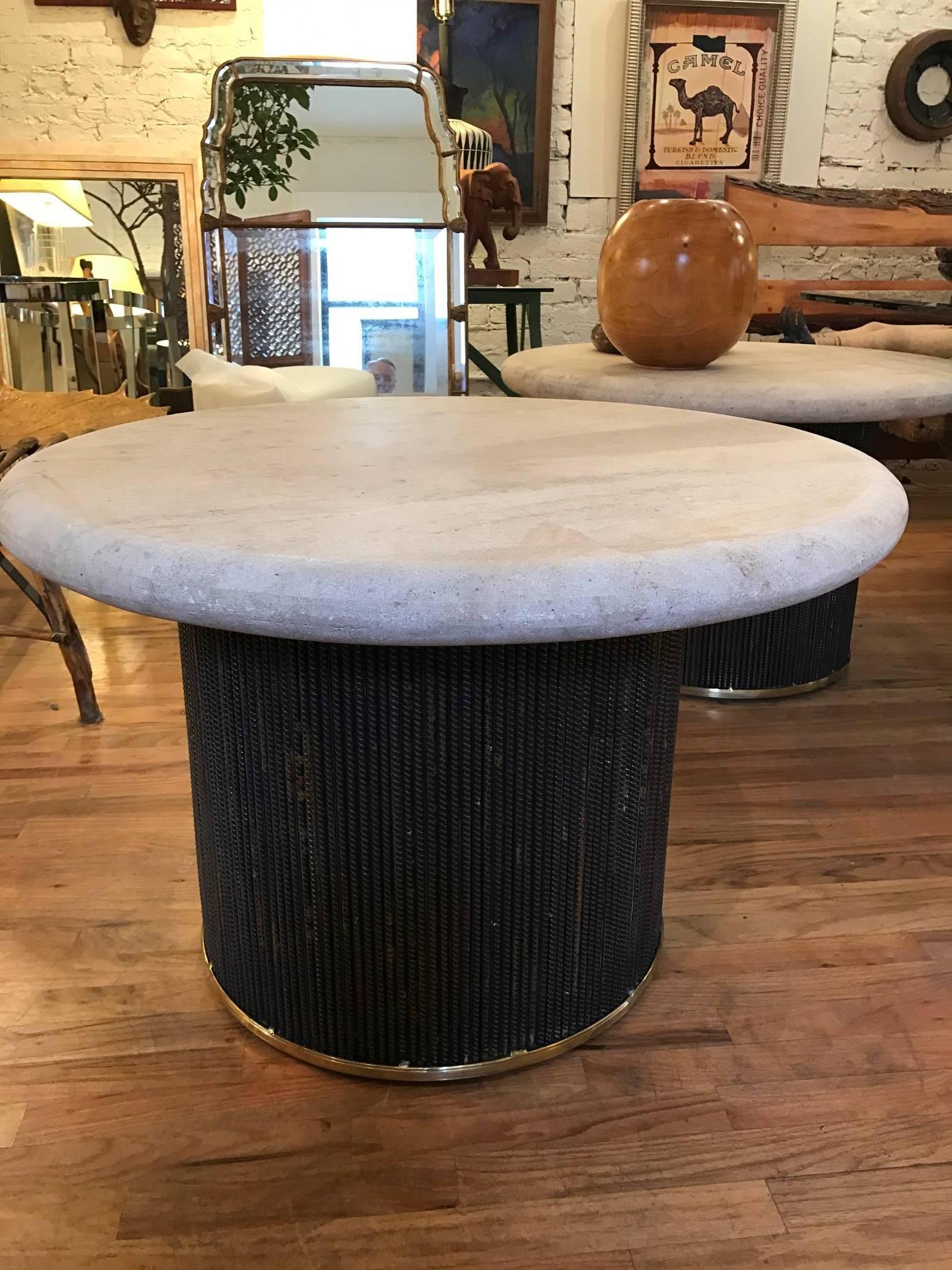 American Round  Travertine and Steel Pair of Large Side Tables