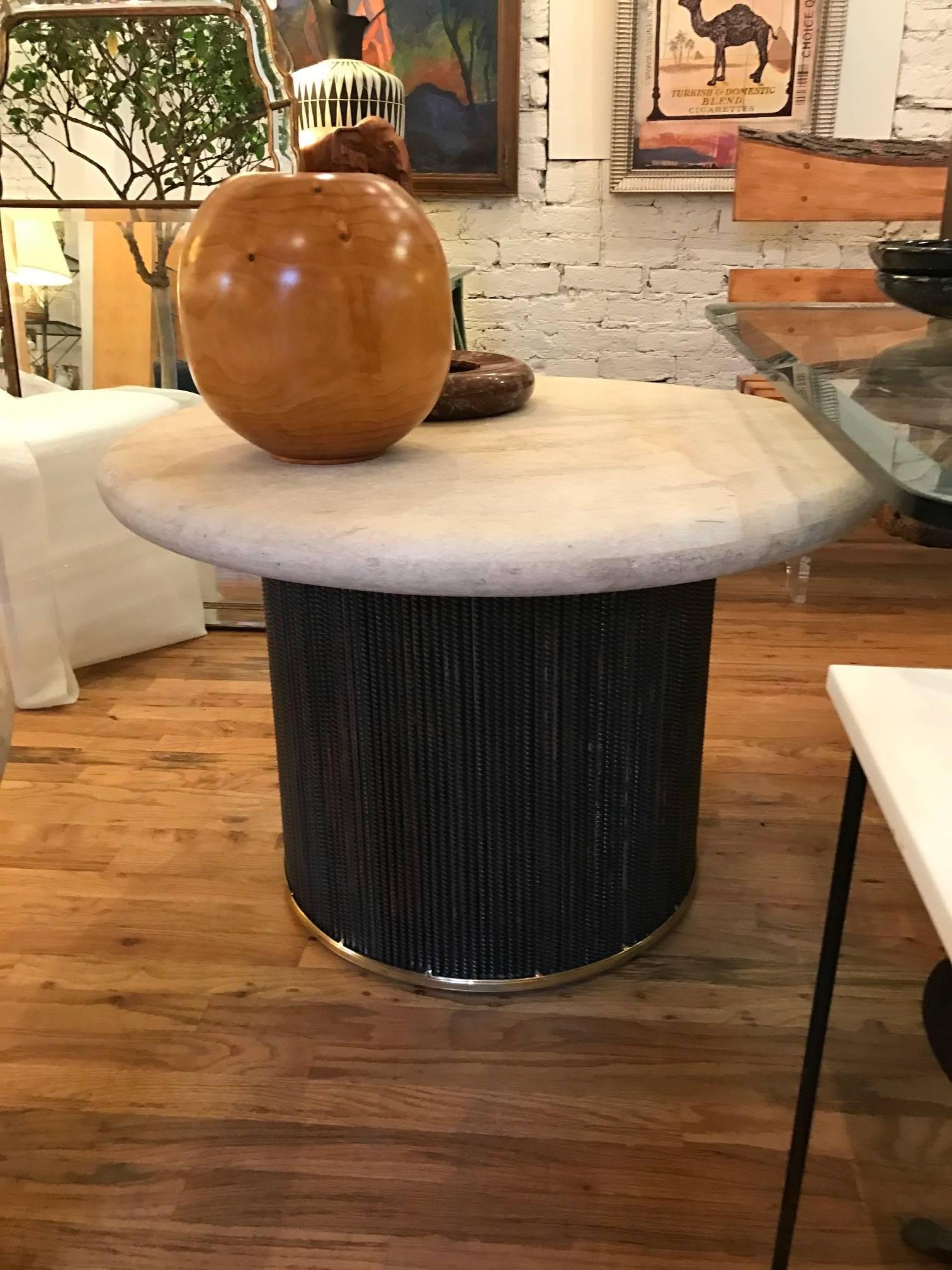 Late 20th Century Round  Travertine and Steel Pair of Large Side Tables