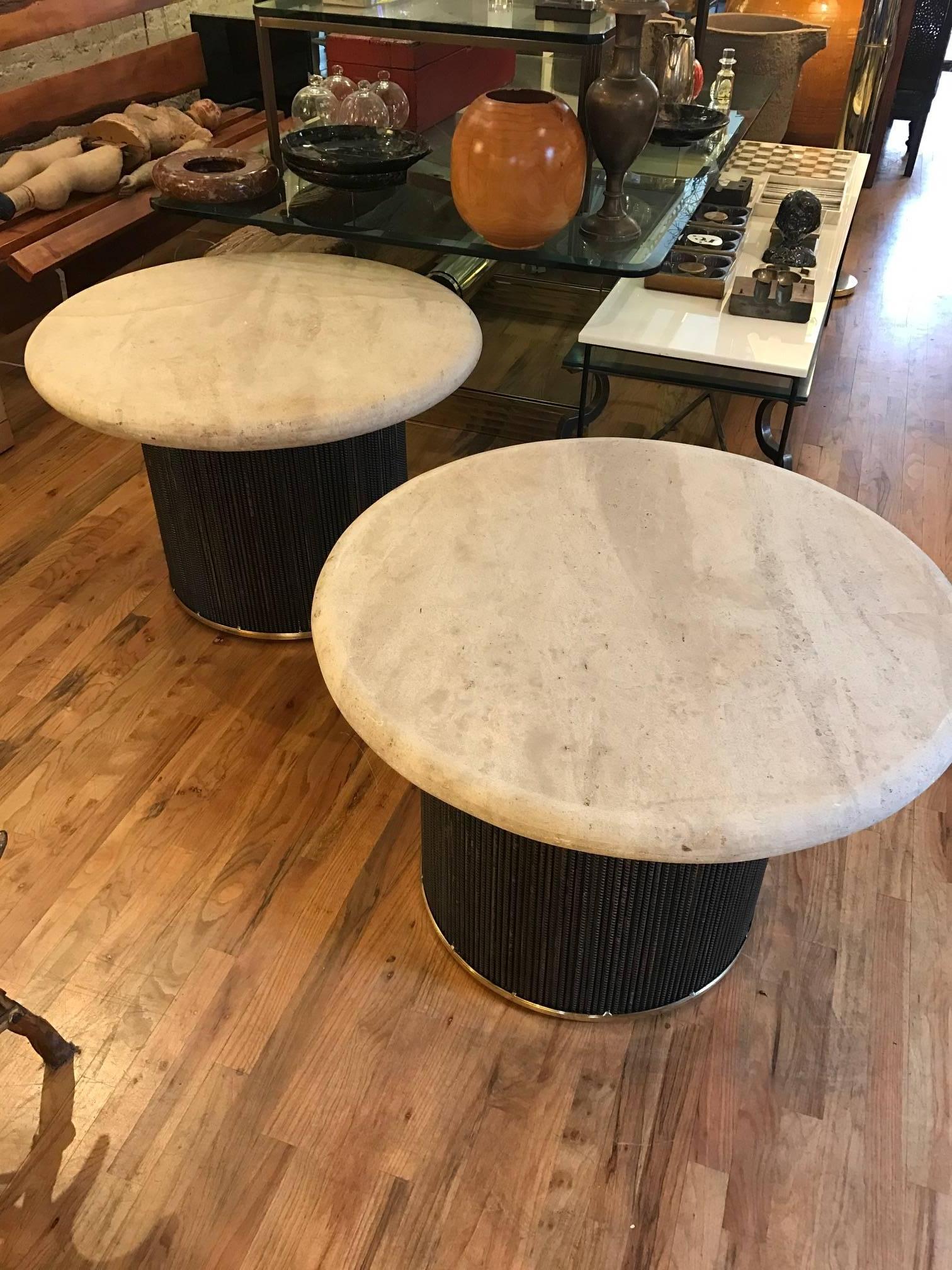 Round  Travertine and Steel Pair of Large Side Tables 3