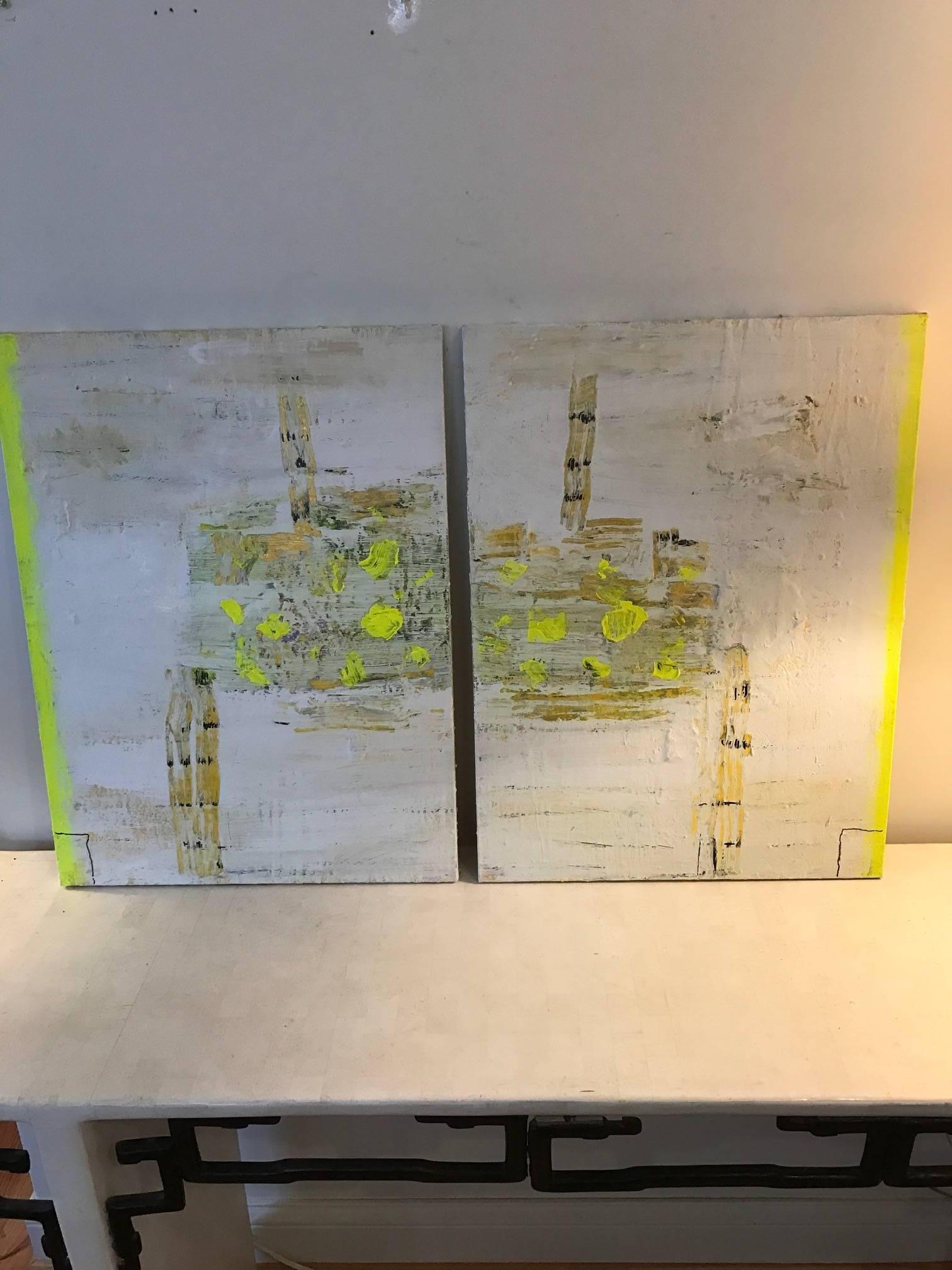 A modern abstract multicolored diptych in heavily textured oils by Chicago artist Jay Miller. These powerful paintings would work well in a modern or Classic interior. The measurements provided are for each painting.