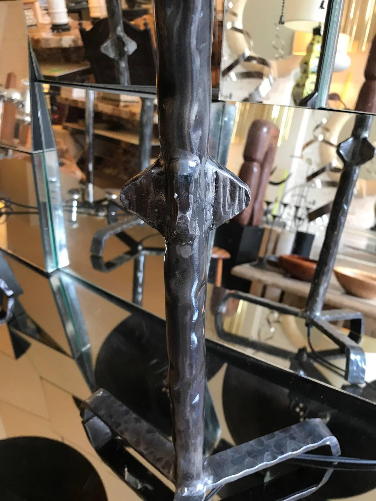 Pair of Hammered Steel Giacometti Style Lamps with Metal Shades In Good Condition In Chicago, IL