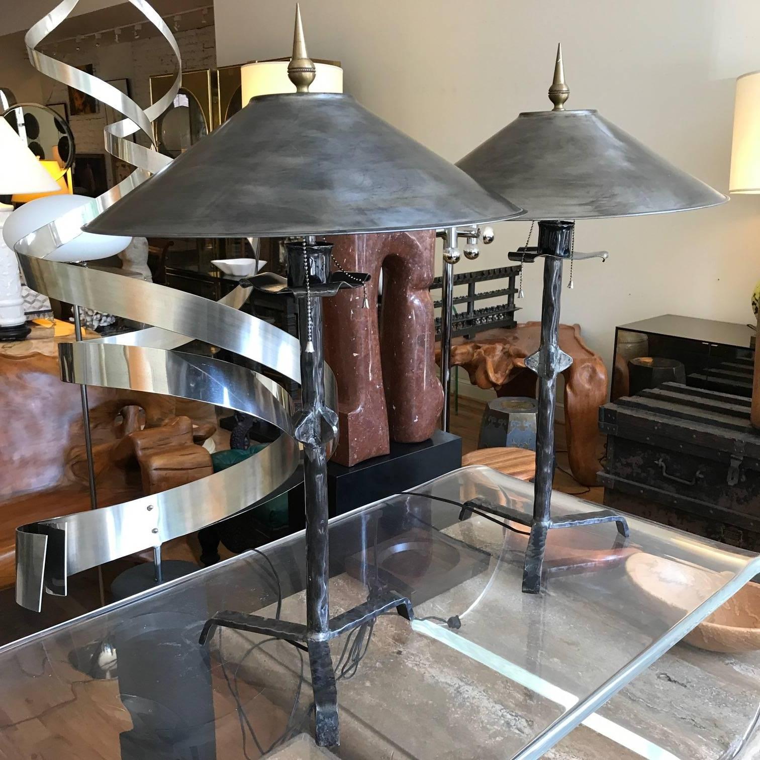 Pair of Hammered Steel Giacometti Style Lamps with Metal Shades 3