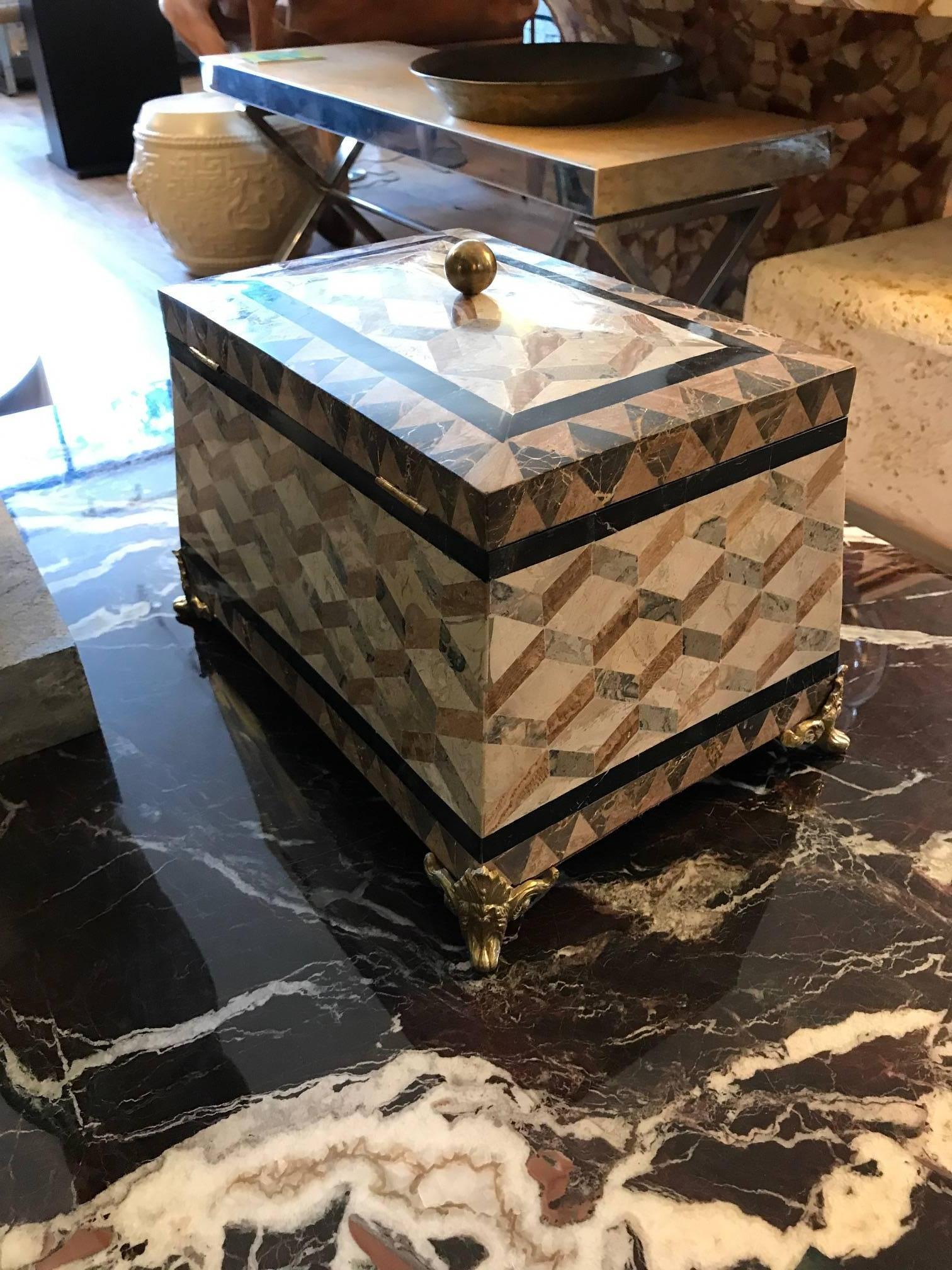 Large Maitland Smith Tessolated Stone Decorative Box In Good Condition In Chicago, IL