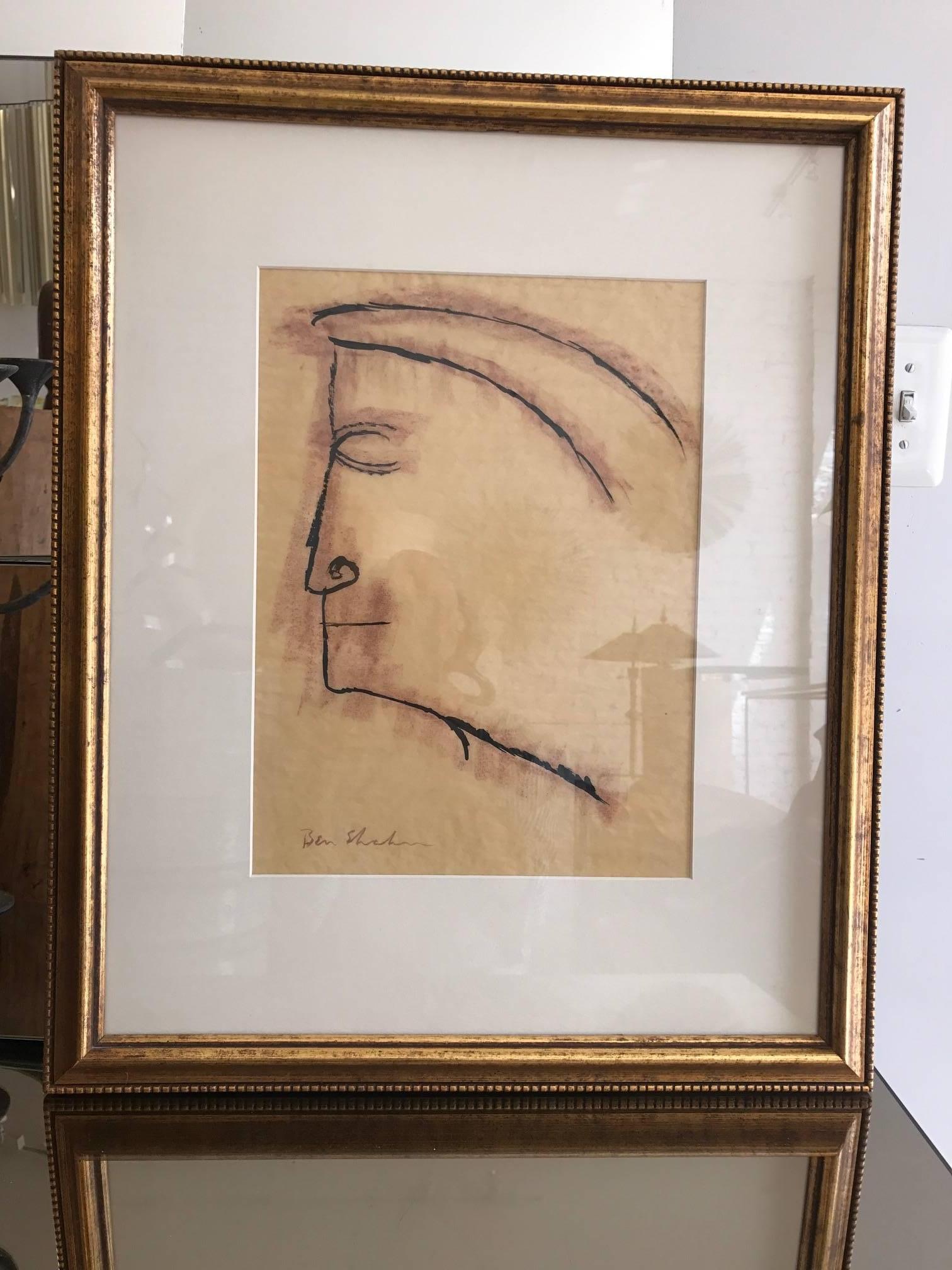 A 1951 Ben Shahn (1898-1969) drawing entitled Profile. A great modern Cubist work by a well listed accomplished artist. Shahn is best known for his works of social realism and his left wing political views. The work itself measures 14 x 10.5.