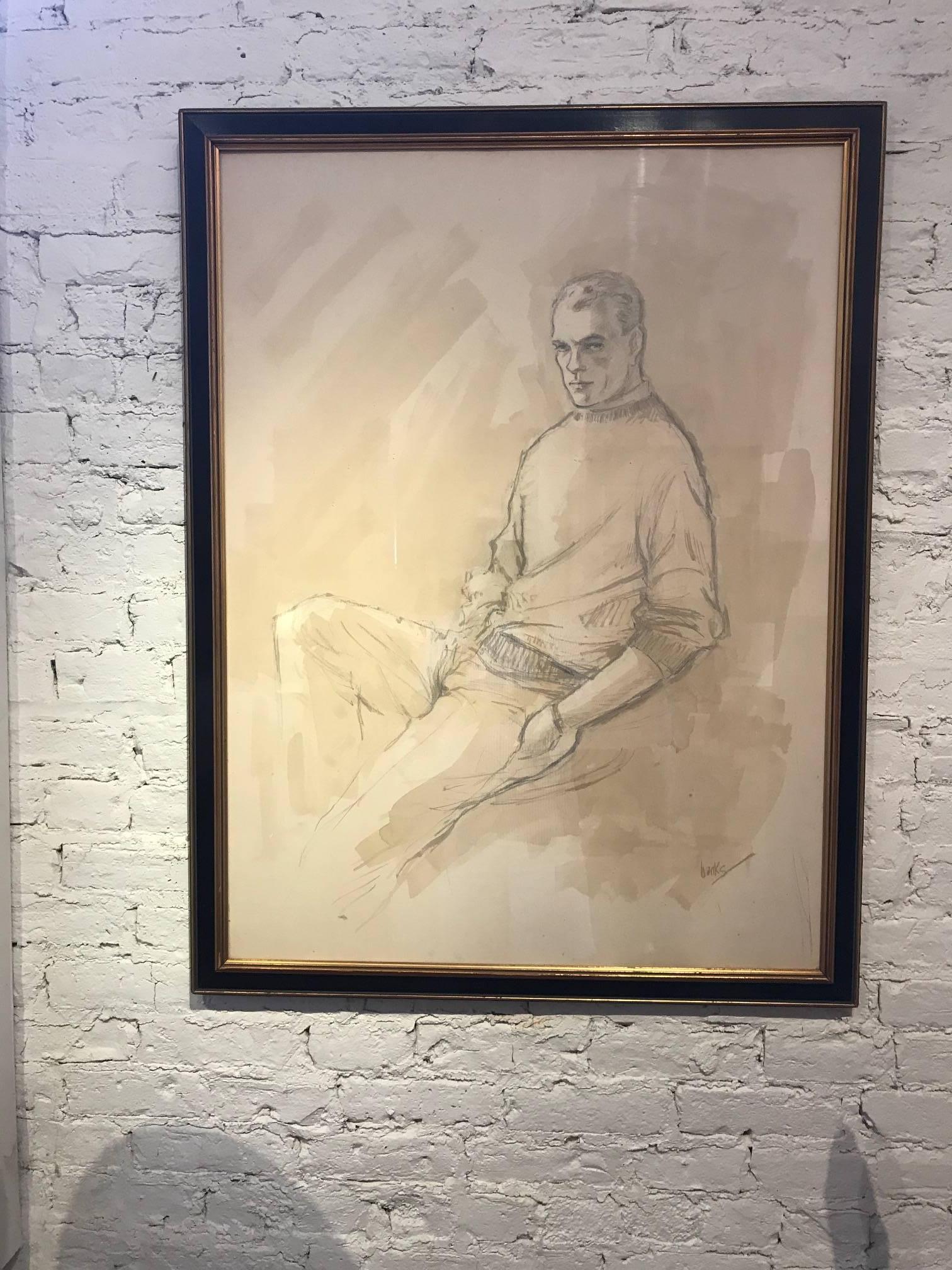 Ink and wash large scale portrait of a seated Walton Cox. The work is signed Banks. Beautifully framed.