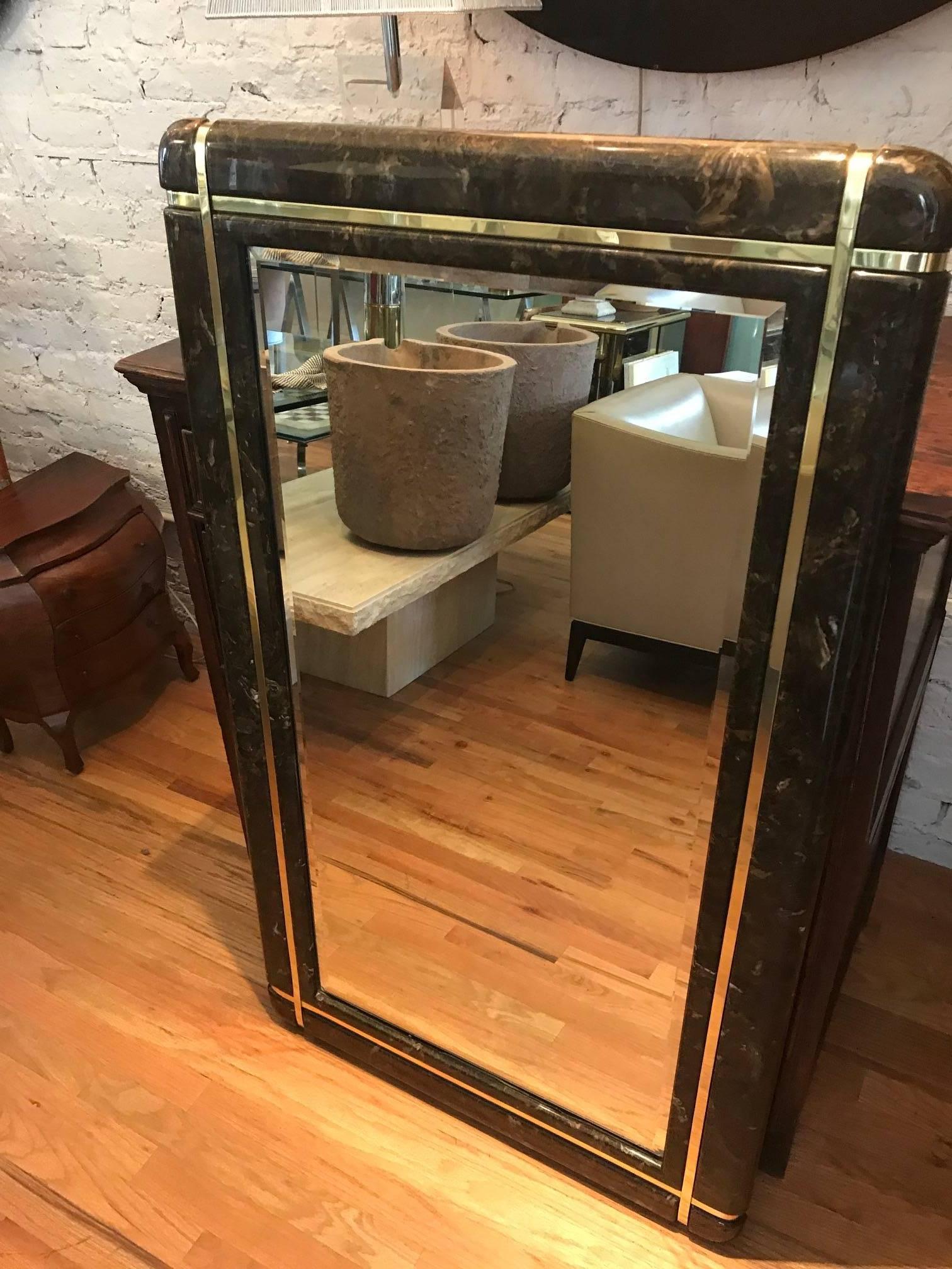 Mid-Century Modern Marble and Brass Mid-Century Mirror in the Style of Karl Springer