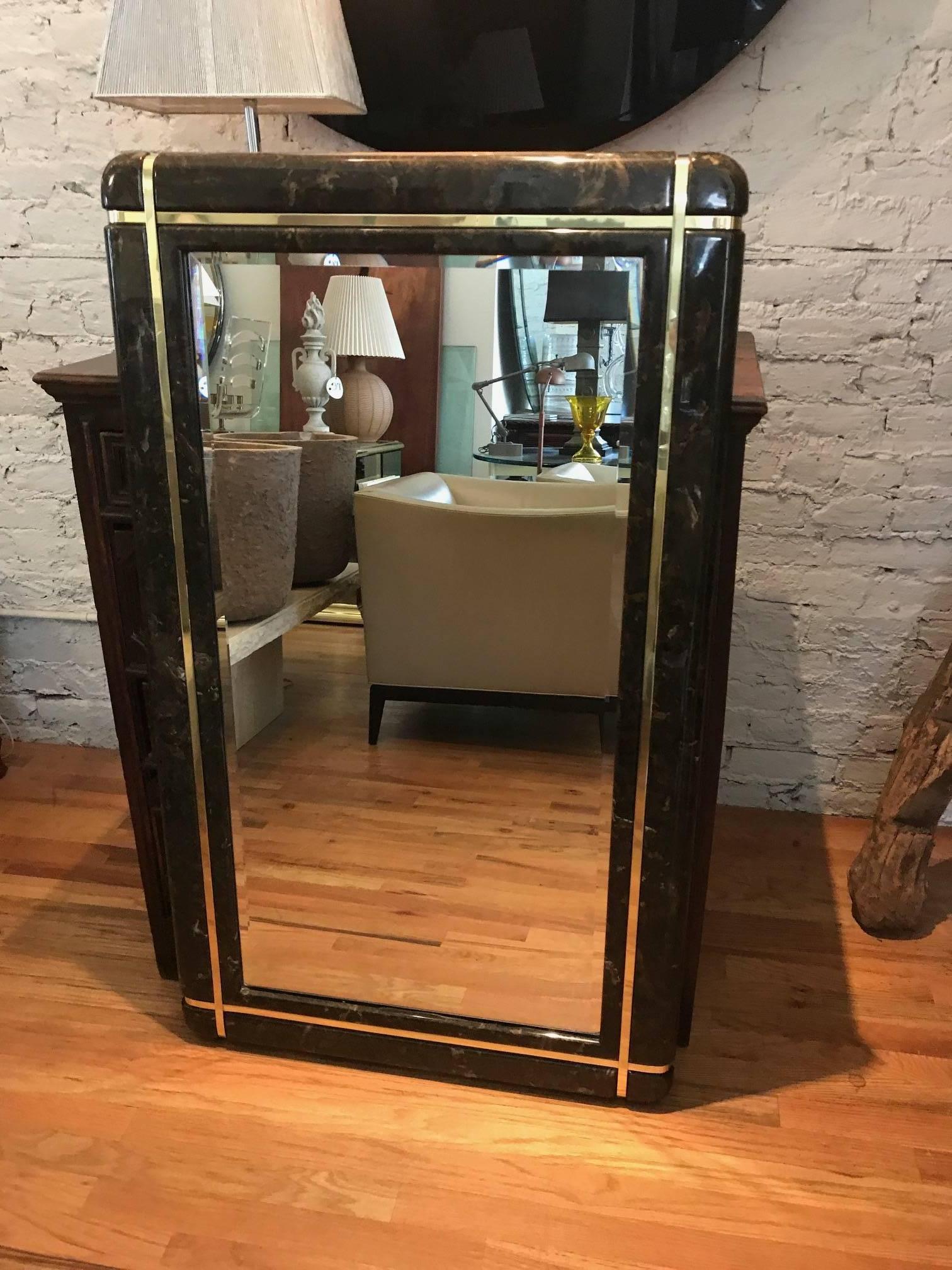 Marble and Brass Mid-Century Mirror in the Style of Karl Springer In Good Condition In Chicago, IL