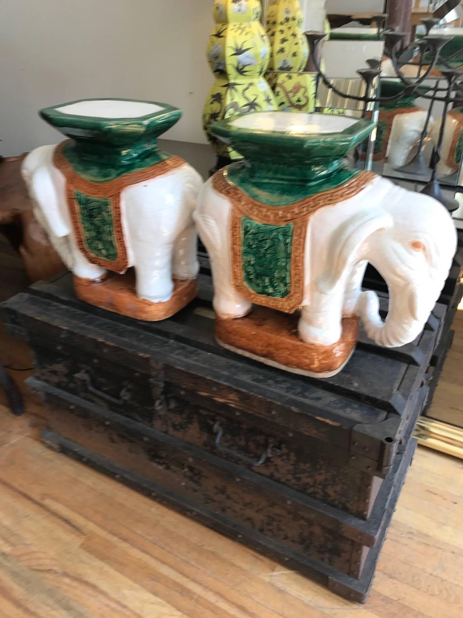 Mid-Century Modern Pair of Italian Ceramic Elephant Garden Stools or Drinks Tables