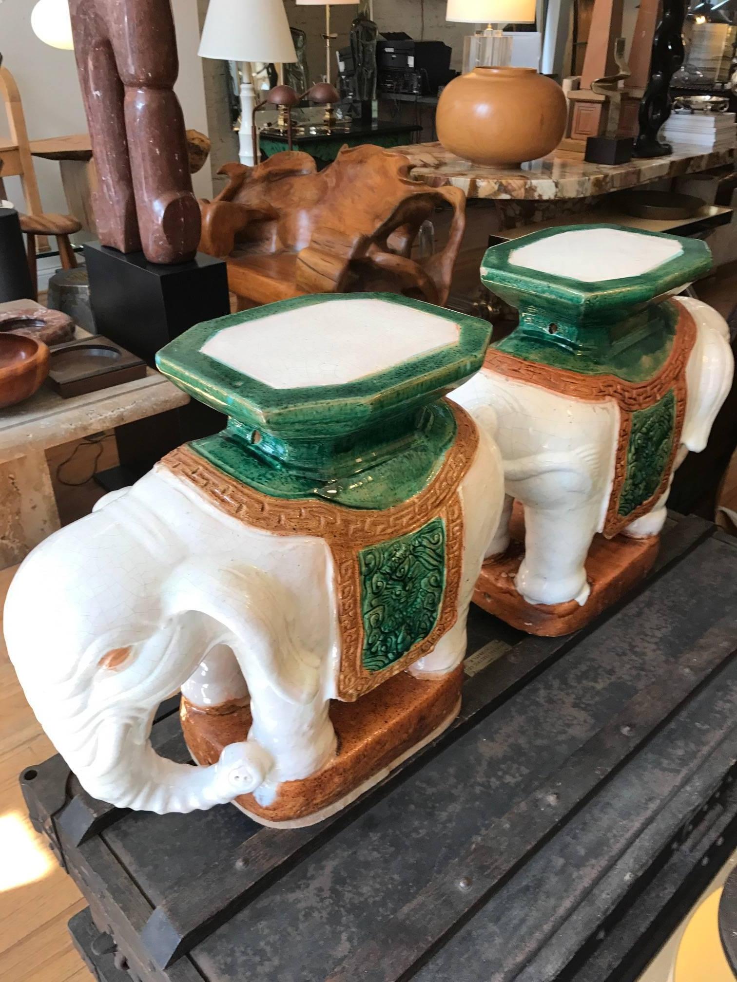 Glazed Pair of Italian Ceramic Elephant Garden Stools or Drinks Tables
