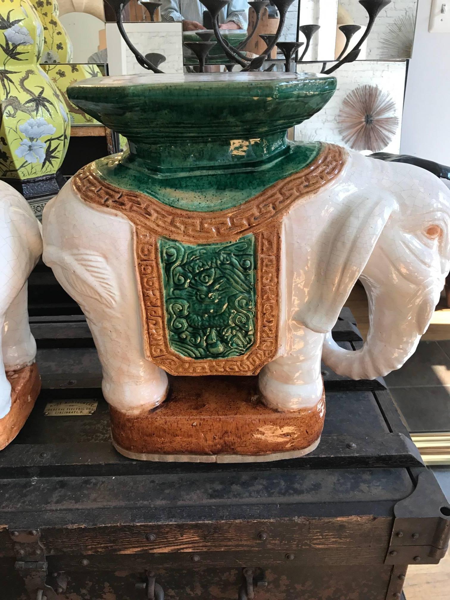 Pair of Italian Ceramic Elephant Garden Stools or Drinks Tables 1