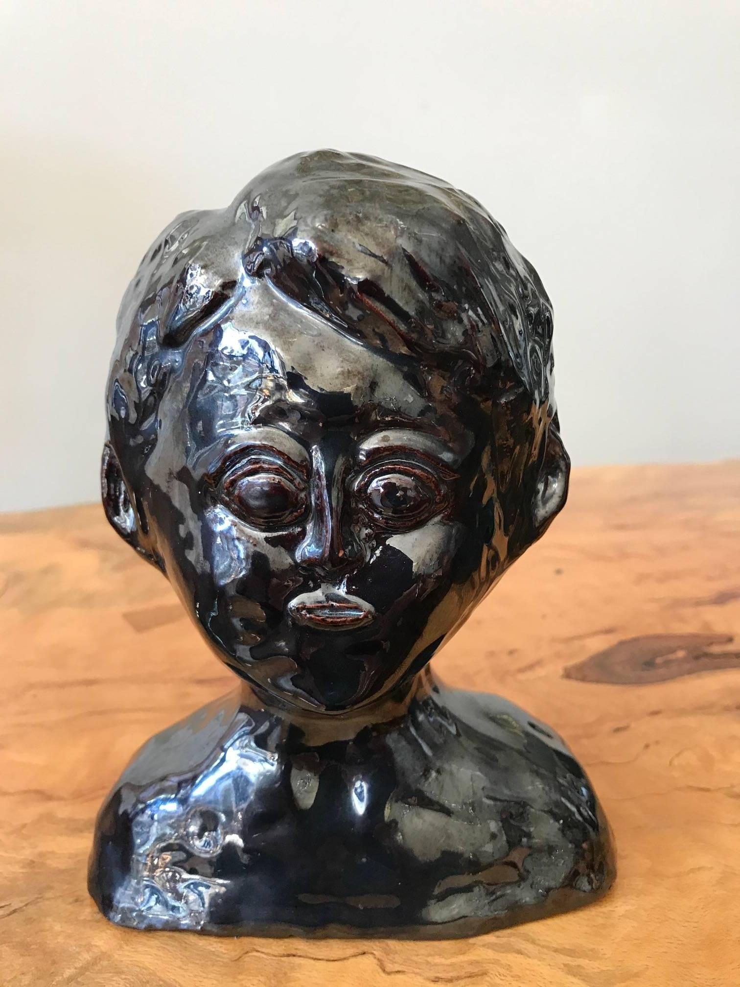 Mid-Century Modern Glazed Metallic Ceramic Bust For Sale