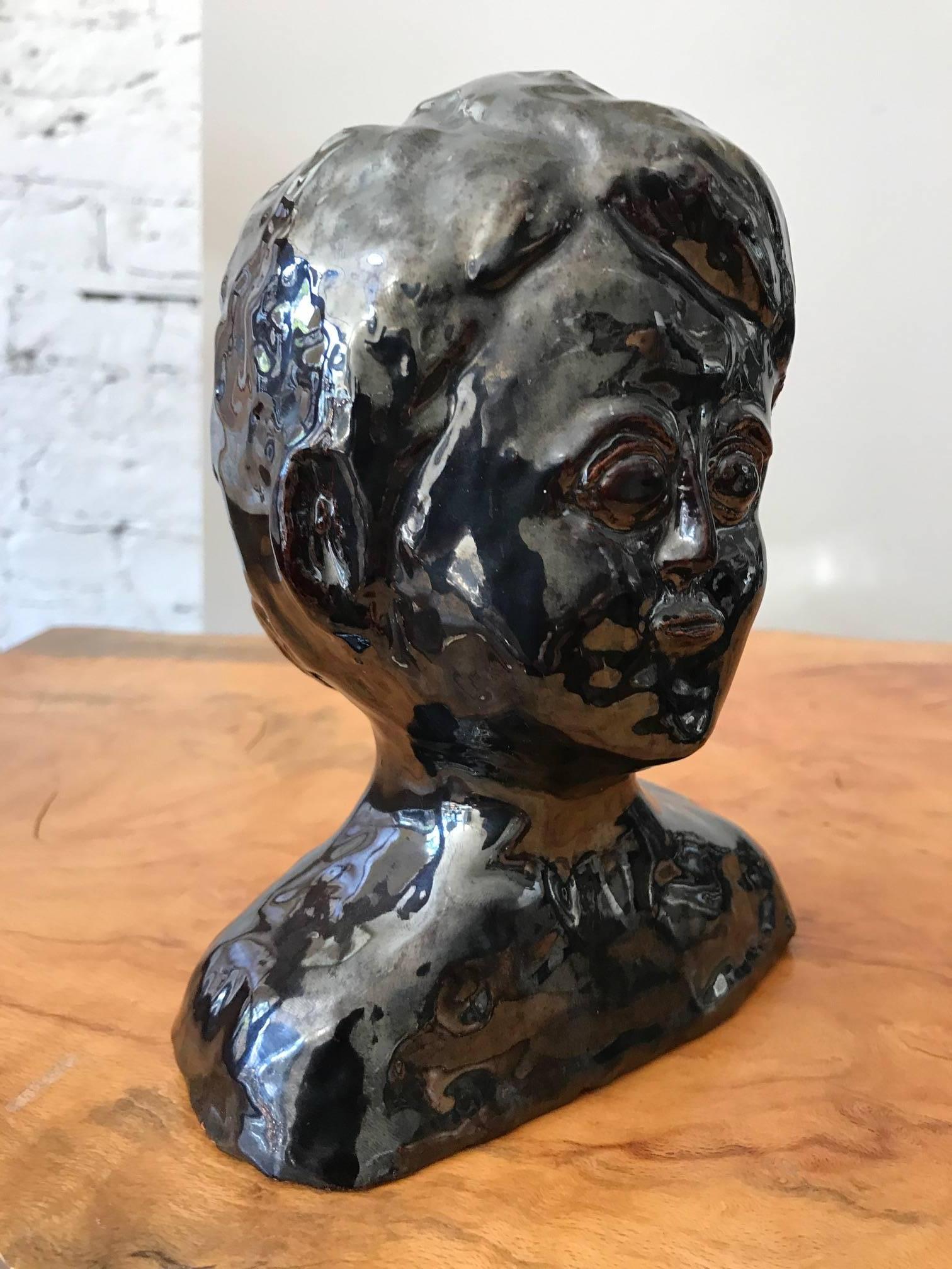 Mid-20th Century Glazed Metallic Ceramic Bust For Sale