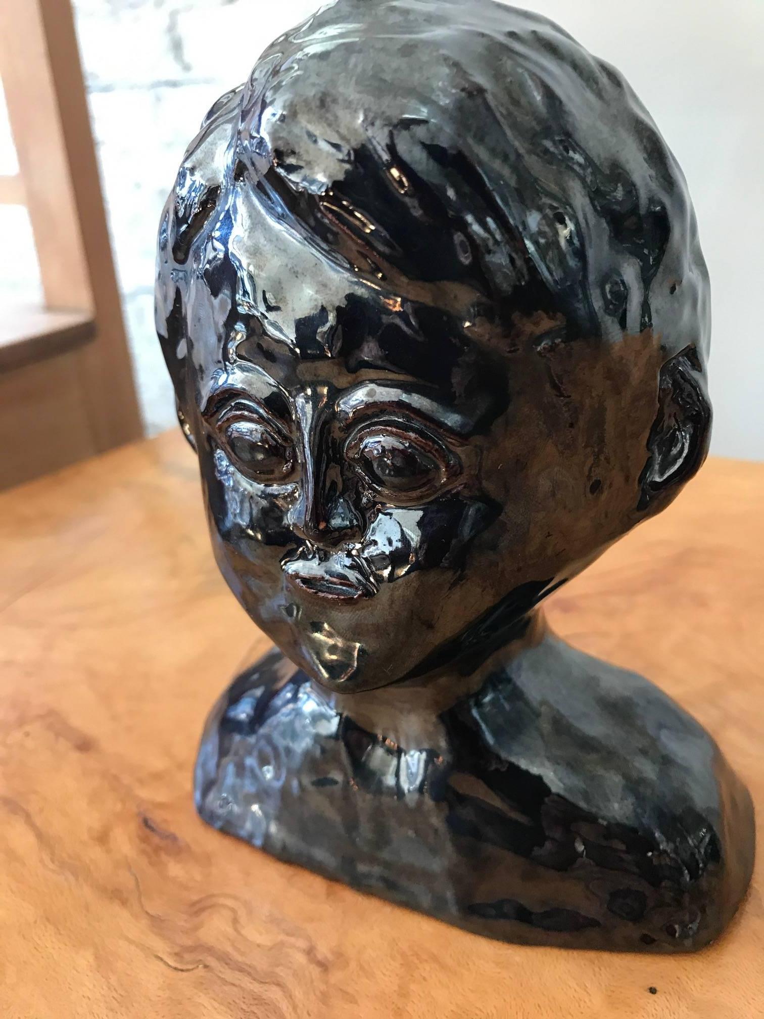 Glazed Metallic Ceramic Bust For Sale 1