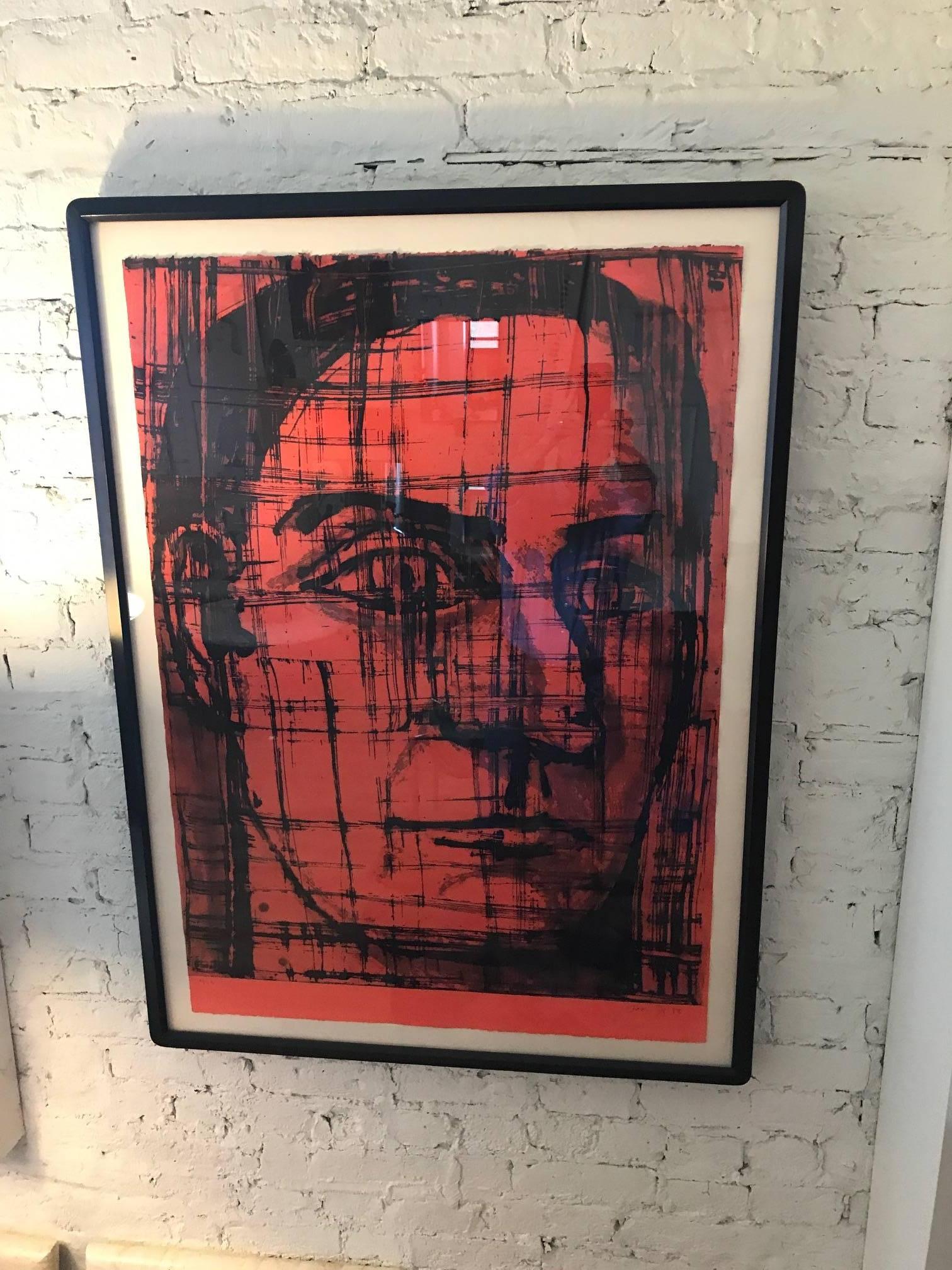 American Large Red and Black Portrait Lithograph by Aaron Fink
