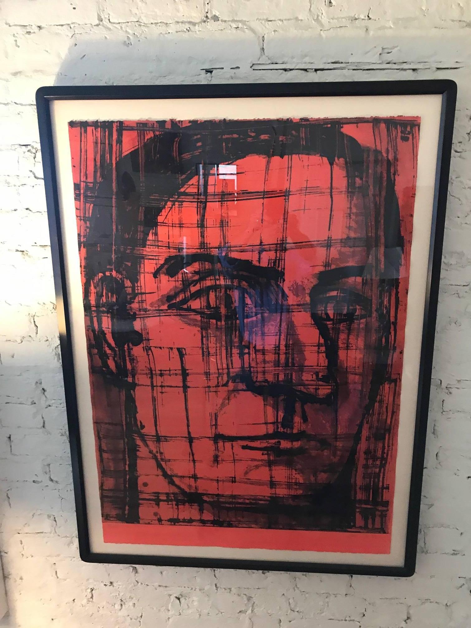 Painted Large Red and Black Portrait Lithograph by Aaron Fink
