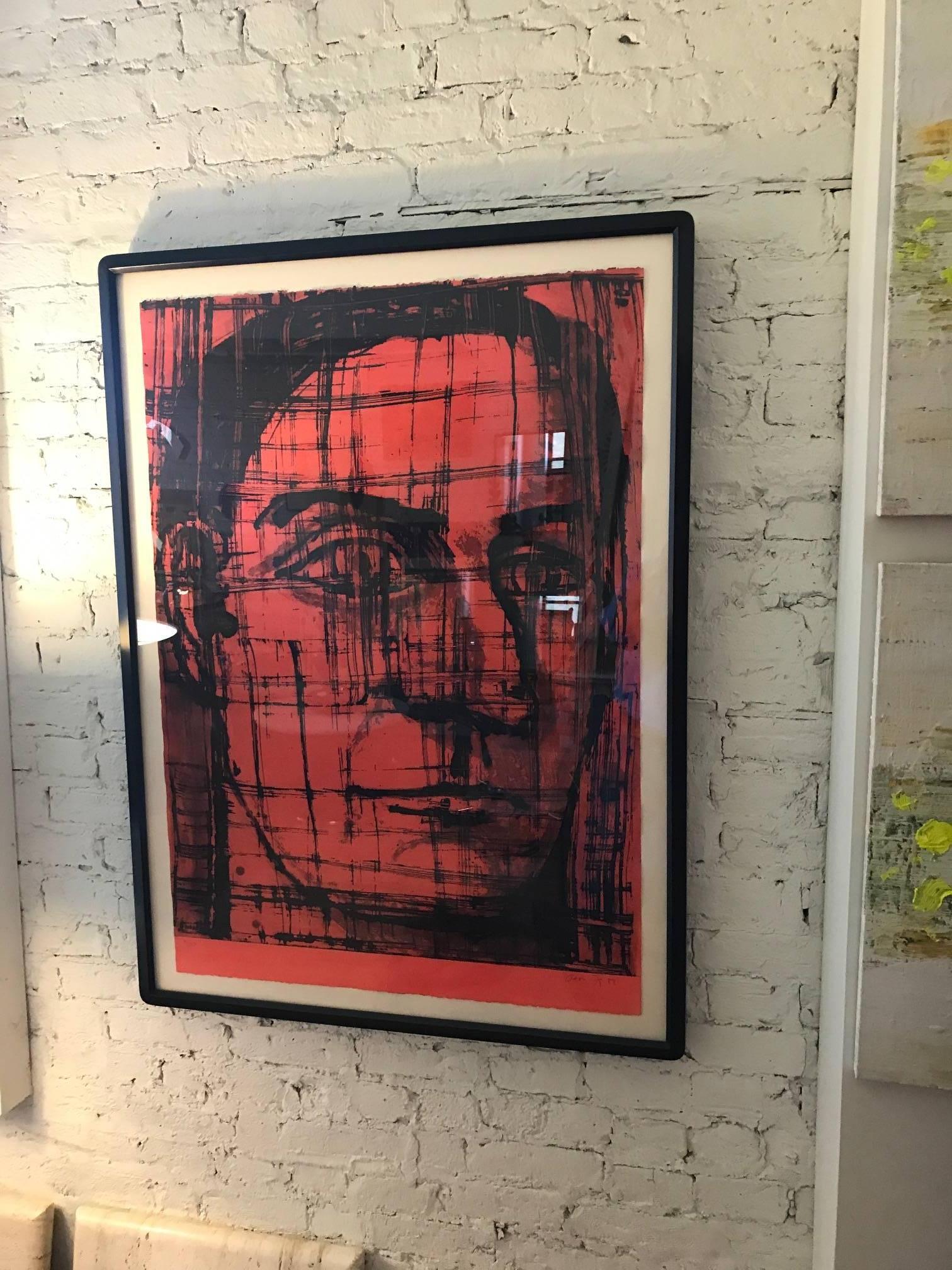 Large Red and Black Portrait Lithograph by Aaron Fink In Good Condition In Chicago, IL