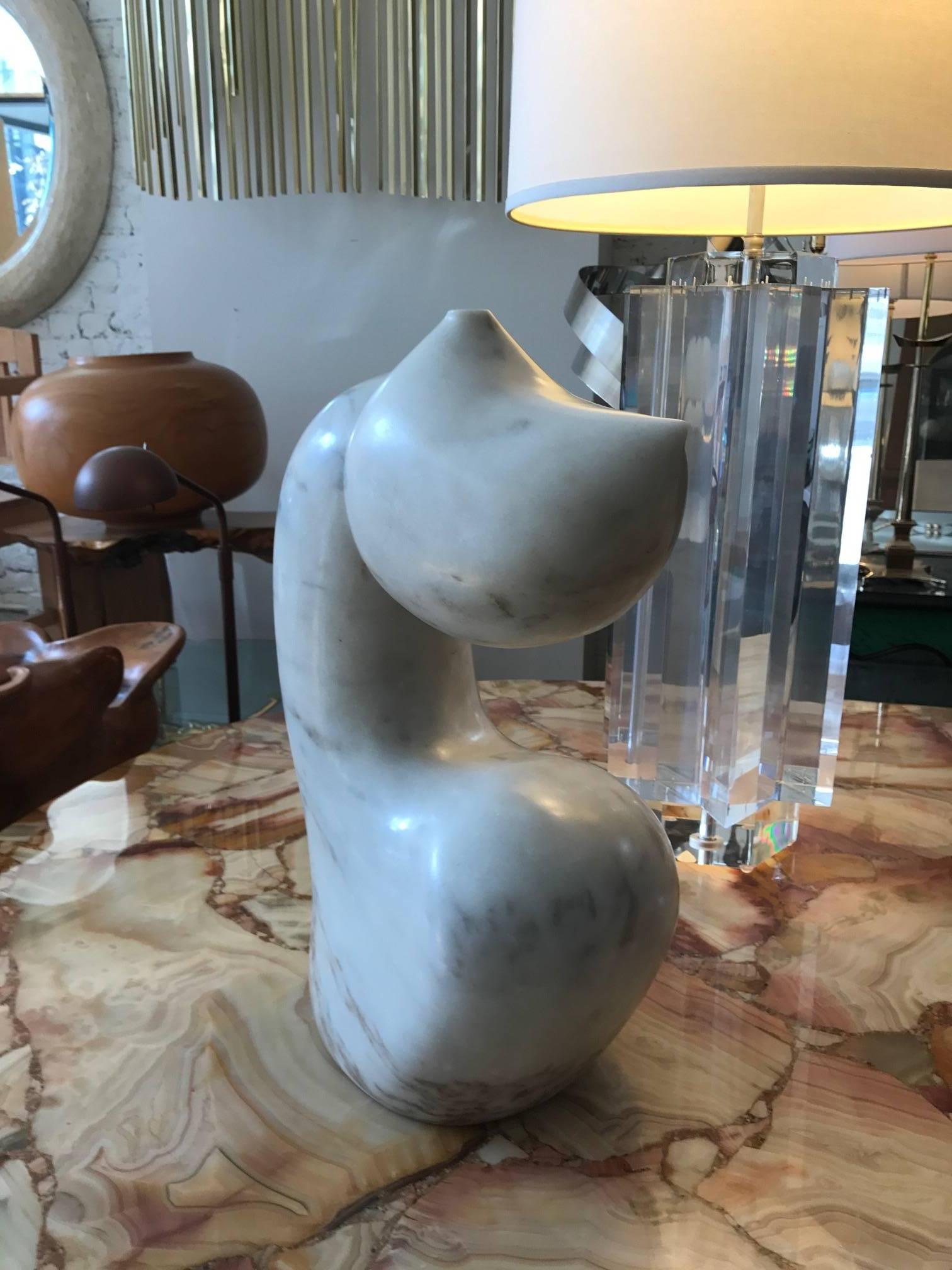 Carved  Abstract Biomorphic White Marble Sculpture by Mario Denoto
