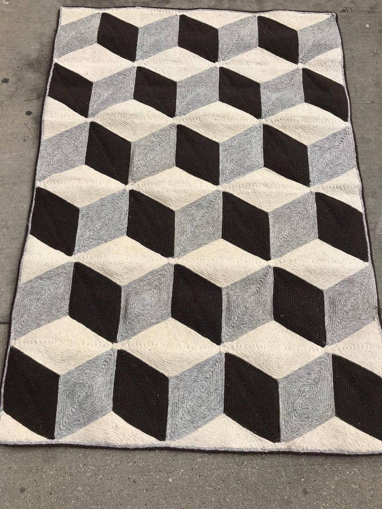 Graphic Tumbling Blocks Woven Jute Wall Hanging or Flat Weave Rug at ...