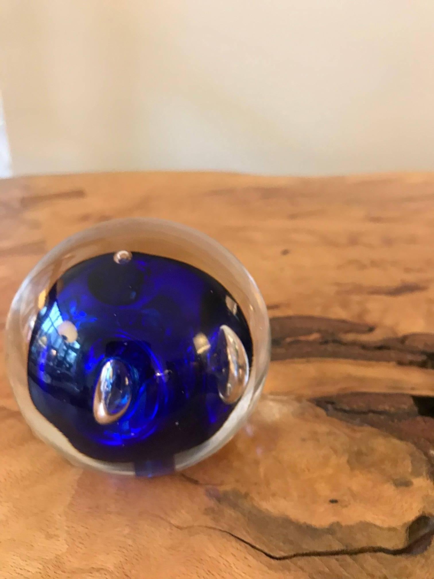 Mid-Century Modern Murano Art Glass Round Paperweight with Cobalt Blue Inclusions