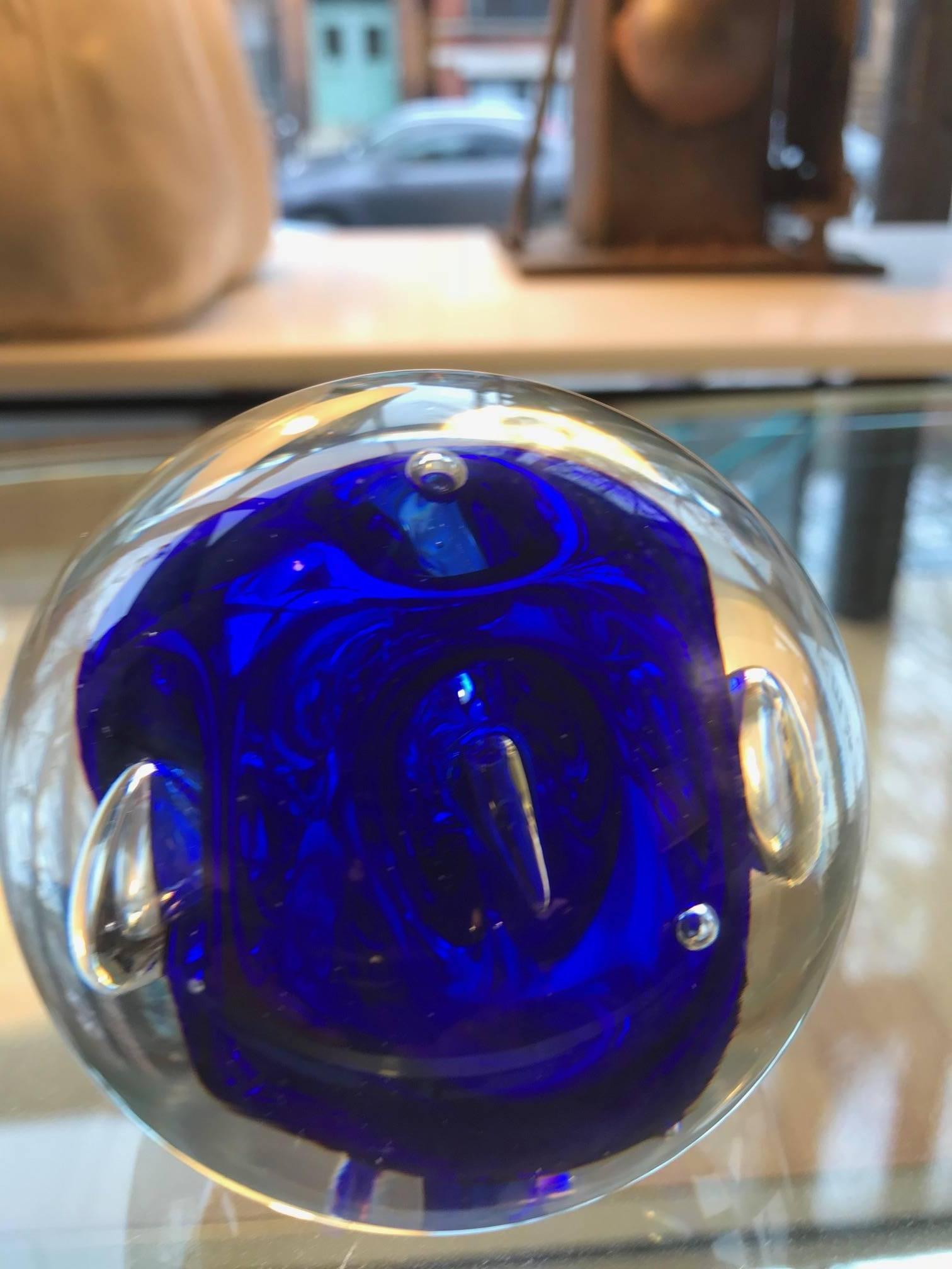 Italian Murano Art Glass Round Paperweight with Cobalt Blue Inclusions